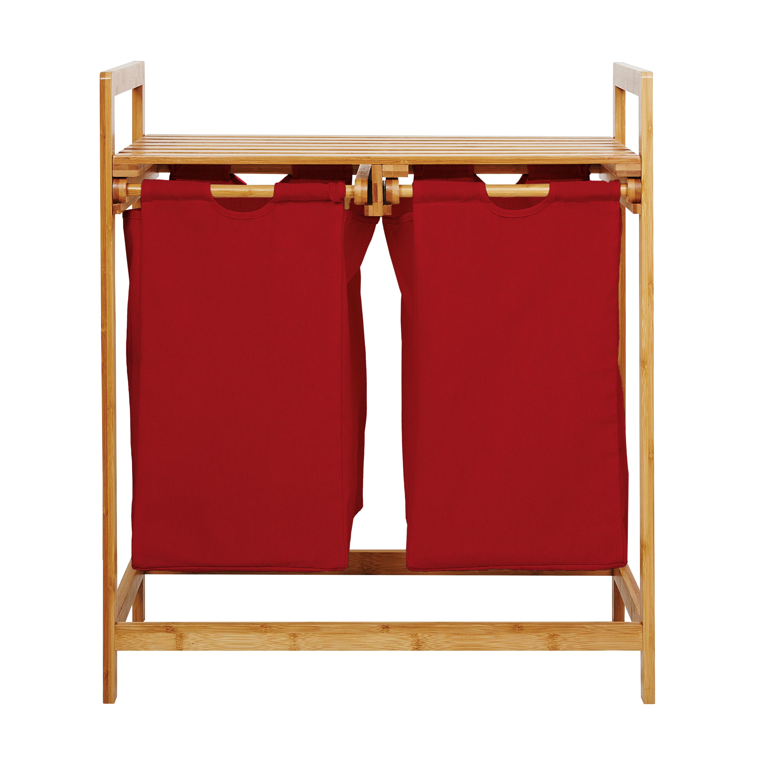 Bambus Wäschekorb mit 2 ausziehbaren roten Wäschesäcken 73 x 64 x 33 cm, wasserabweisend, mit Ablagefläche.
