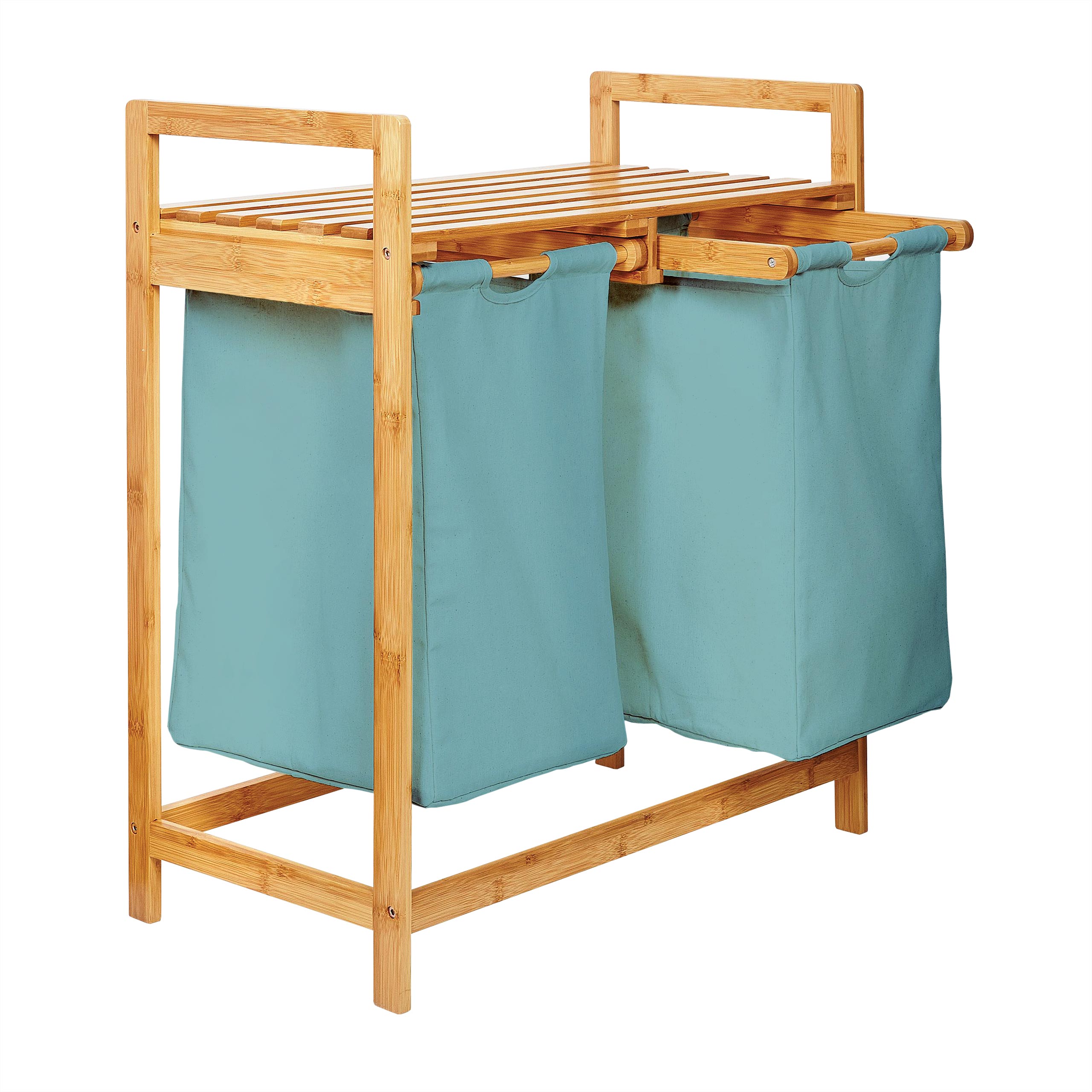 Bambus Wäschekorb mit 2 ausziehbaren Babyblauen Wäschesäcken, 73 x 64 x 33 cm, stilvoll und pflegeleicht für Haushalt und Bad.