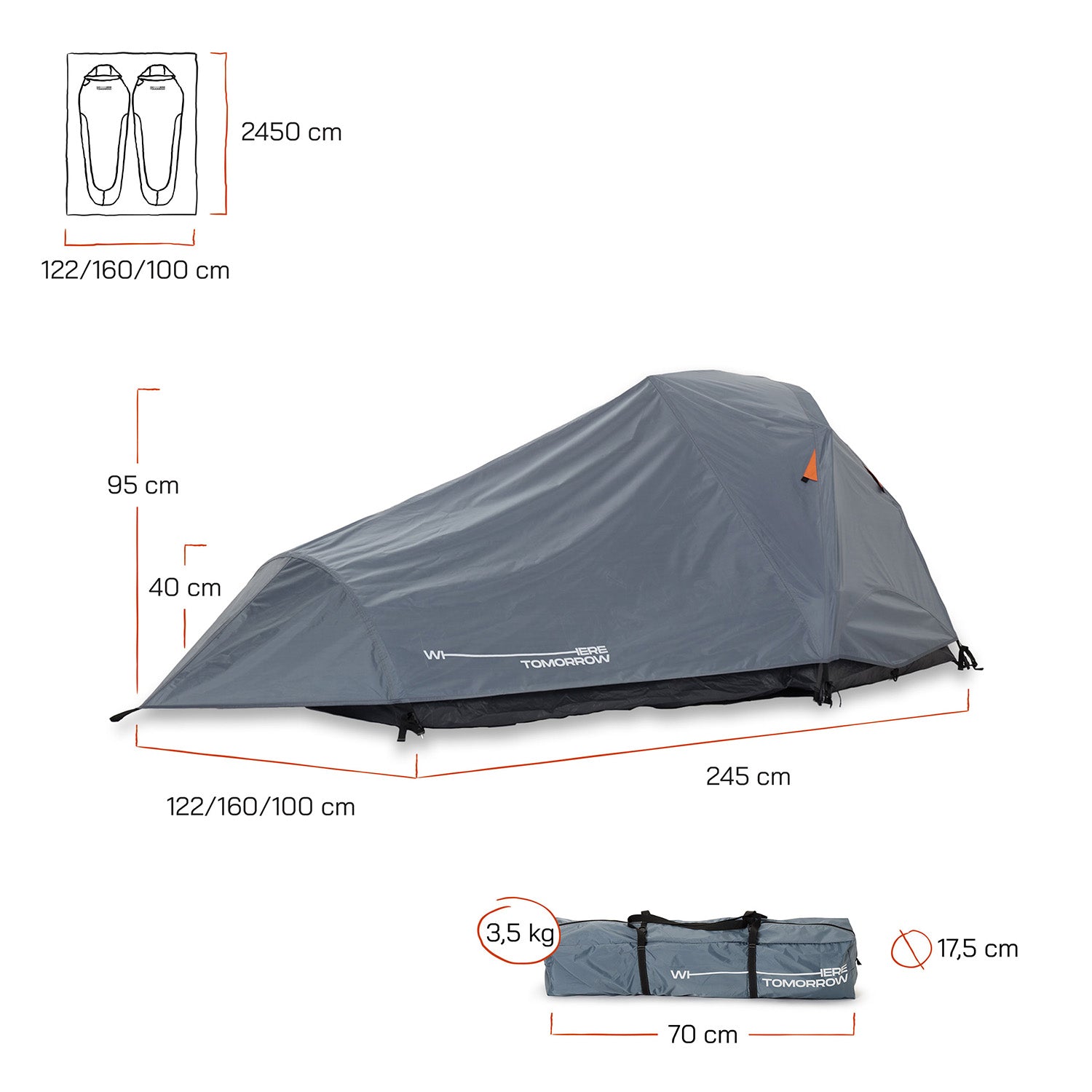 2-Personen-Kompakt-Zelt Pop Up Wurfzelt Grau, Maße 245x160x95 cm, ultraleicht, schnelles Aufbauen, handlich und kompakt von Where Tomorrow.