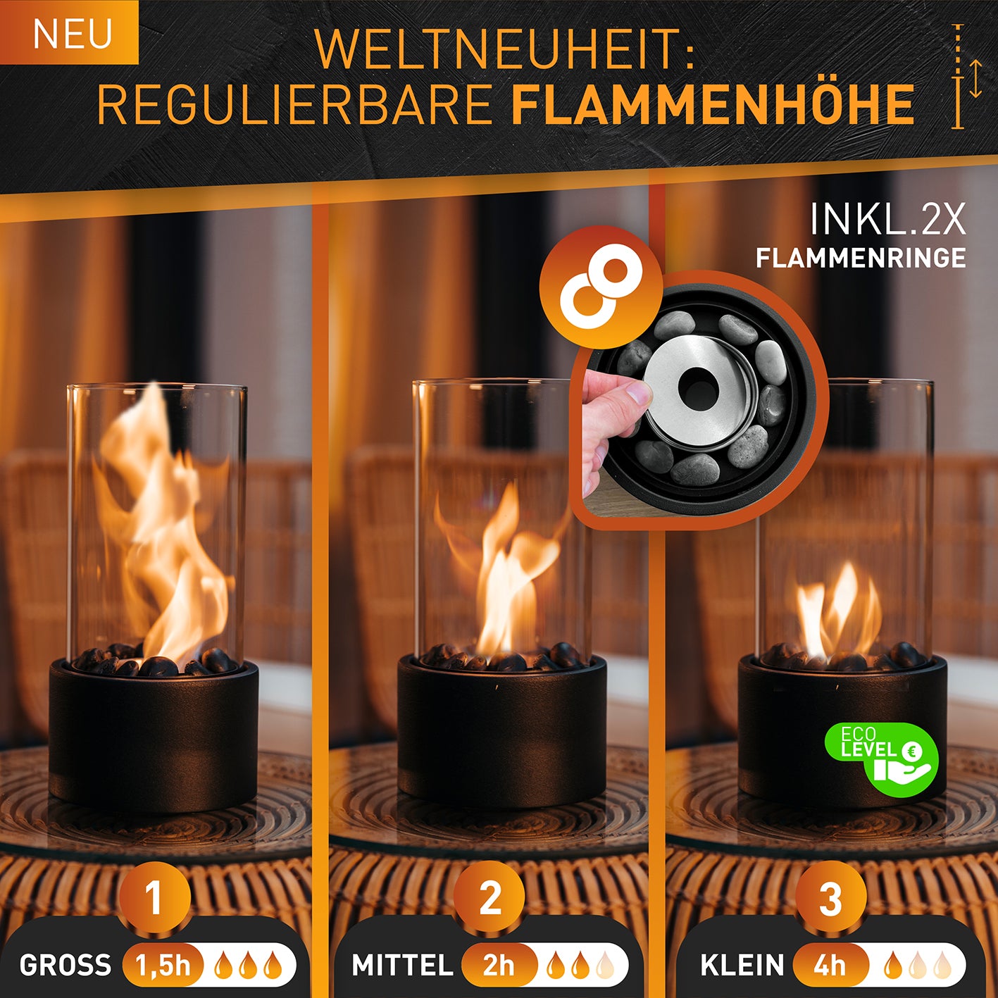Indoor-Tischkamin - Schwarz mit regulierbarer Flammenhöhe, 2 Flammenringe, ideal für gemütliche Atmosphäre und flexible Nutzung.