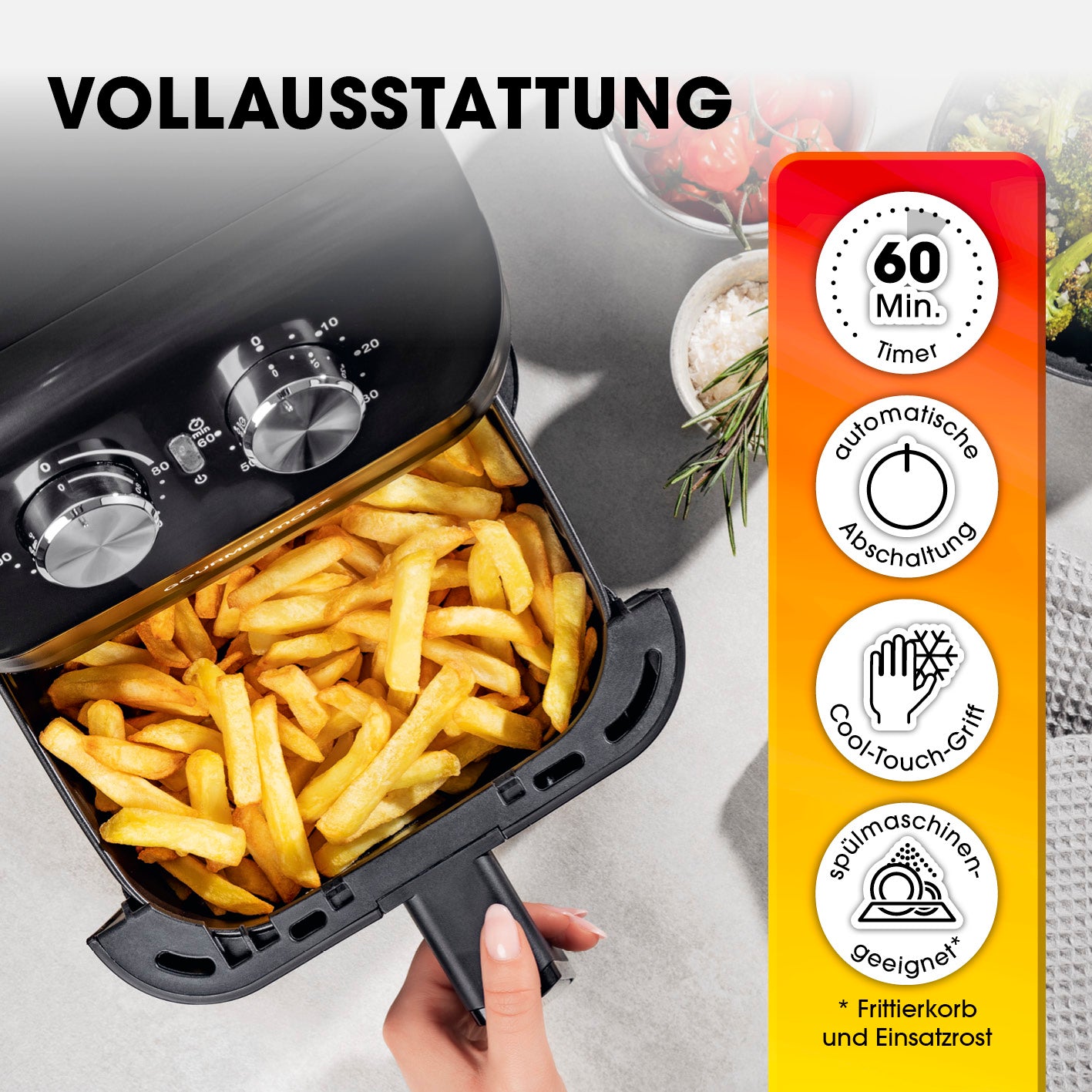 Heißluftfritteuse mit 4 Litern Fassungsvermögen - 1400 Watt mit Timer, automatischer Abschaltung und Cool-Touch-Griff.