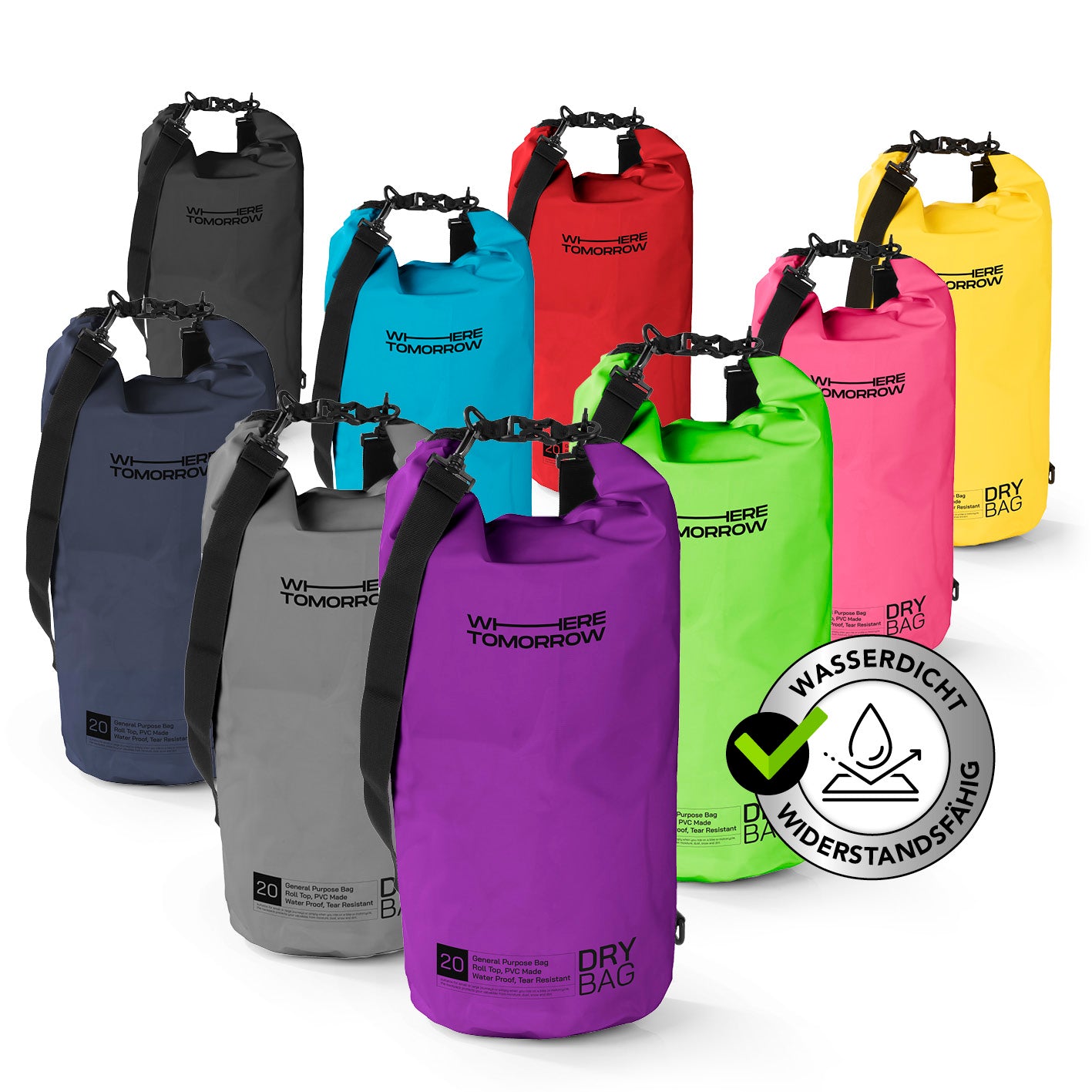Dry Bag 20L - Style 01 - Lila, wasserdichter, robuster Outdoor-Rucksack mit UV-Schutz und verstellbarem Schultergurt.