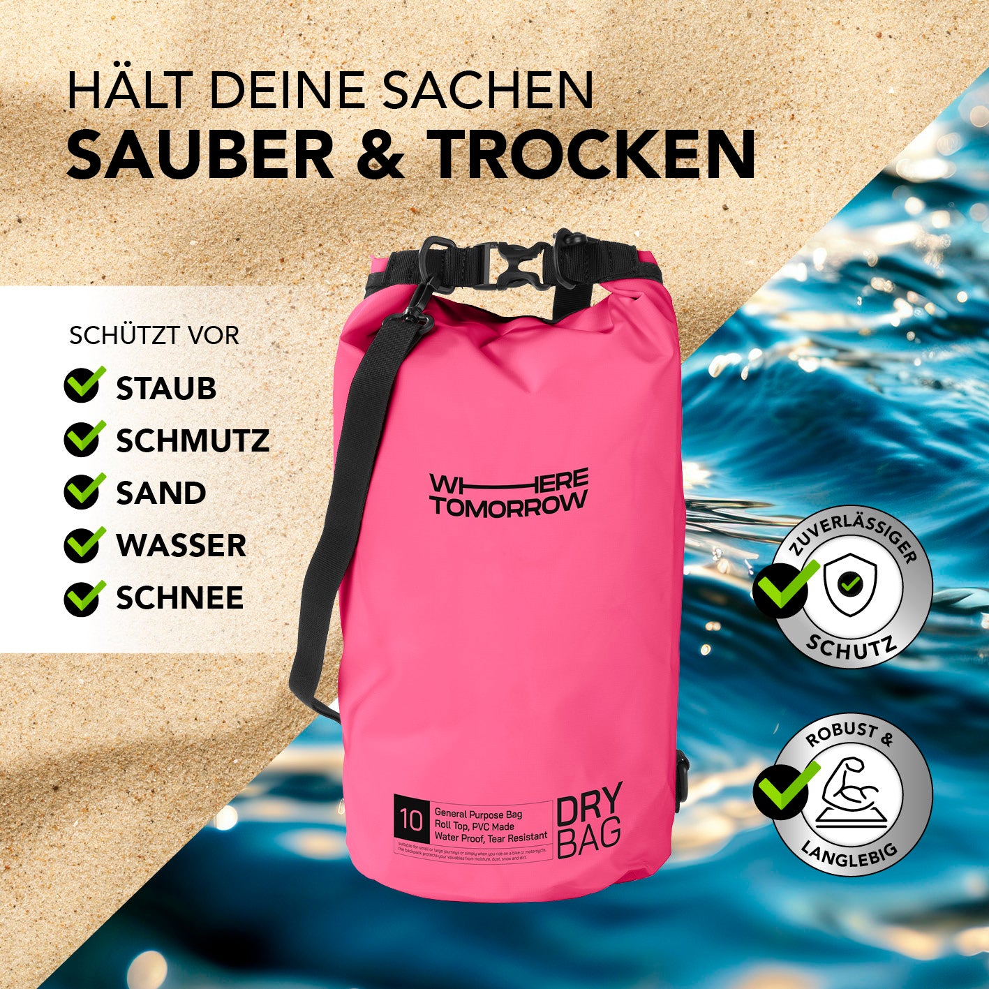 Dry Bag 10L - Style 01 - Pink wasserdichter Outdoor-Rucksack mit robustem Rolltop, schützt vor Staub, Wasser, Sand und Schmutz.