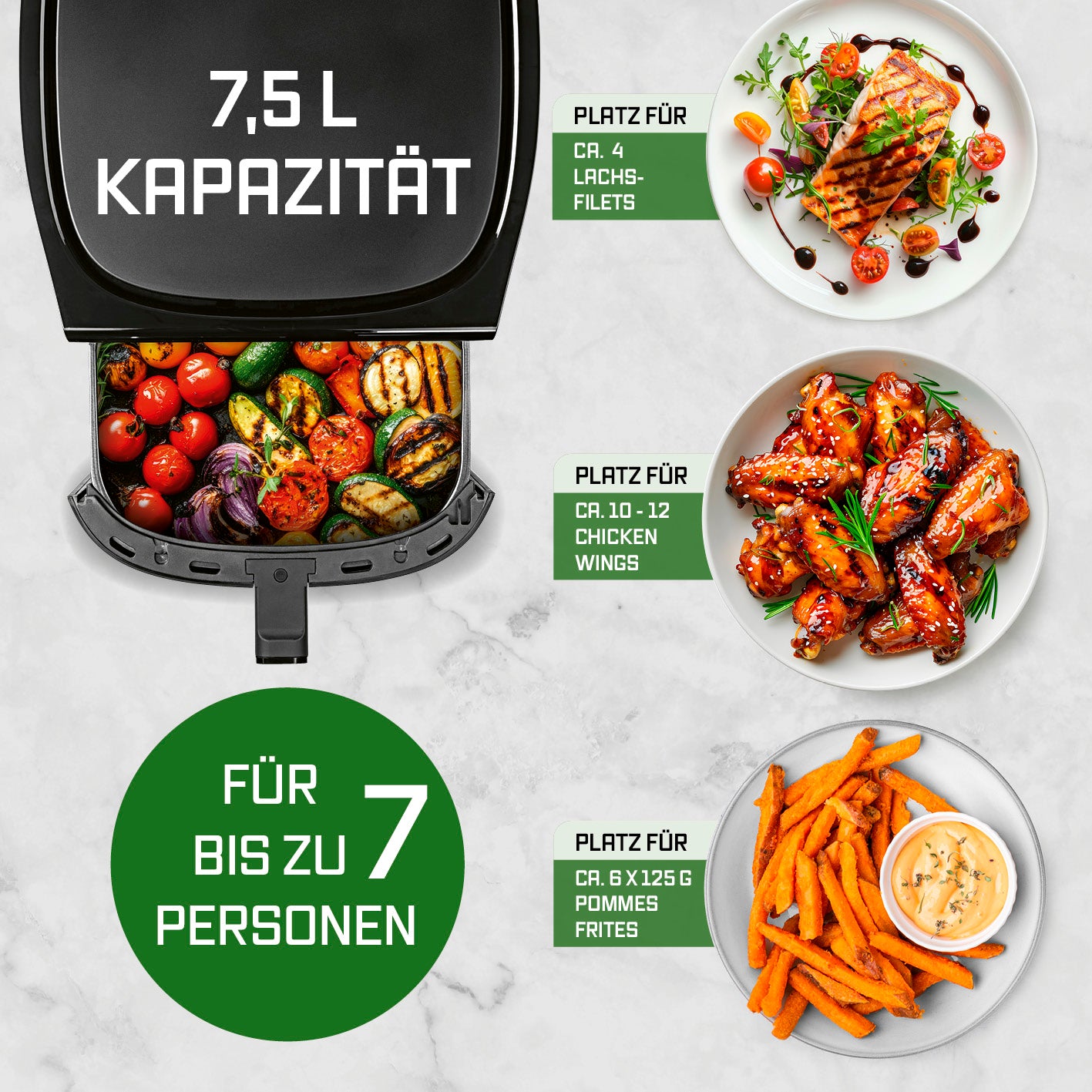 Heißluftfritteuse - 7,5 Liter mit viel Platz für bis zu 7 Personen, geeignet für Lachsfilets, Chicken Wings und Pommes Frites.