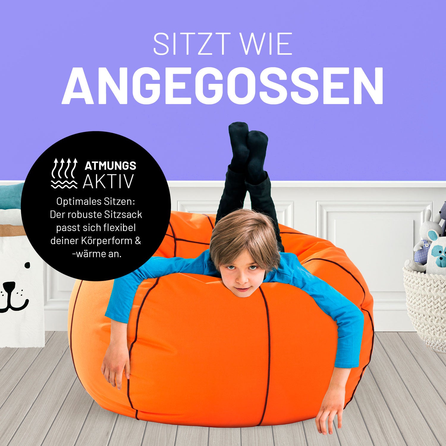 Luxury Basketball Sitzsack (170 L) in sportlichem Basketball-Design, atmungsaktiv und flexibel für drinnen und draußen.