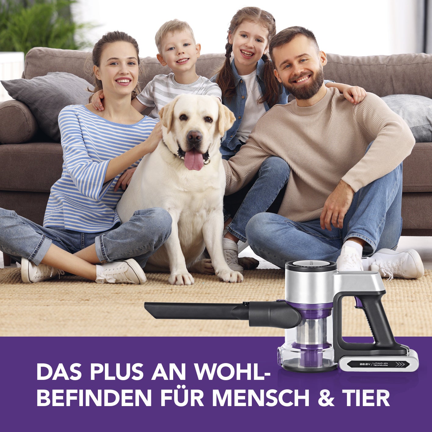 Akku-Zyklon-Staubsauger Digital-Display anthrazit/silber/lila mit starkem Akku, Touch-Display und elektrisch rotierender Bodendüse.