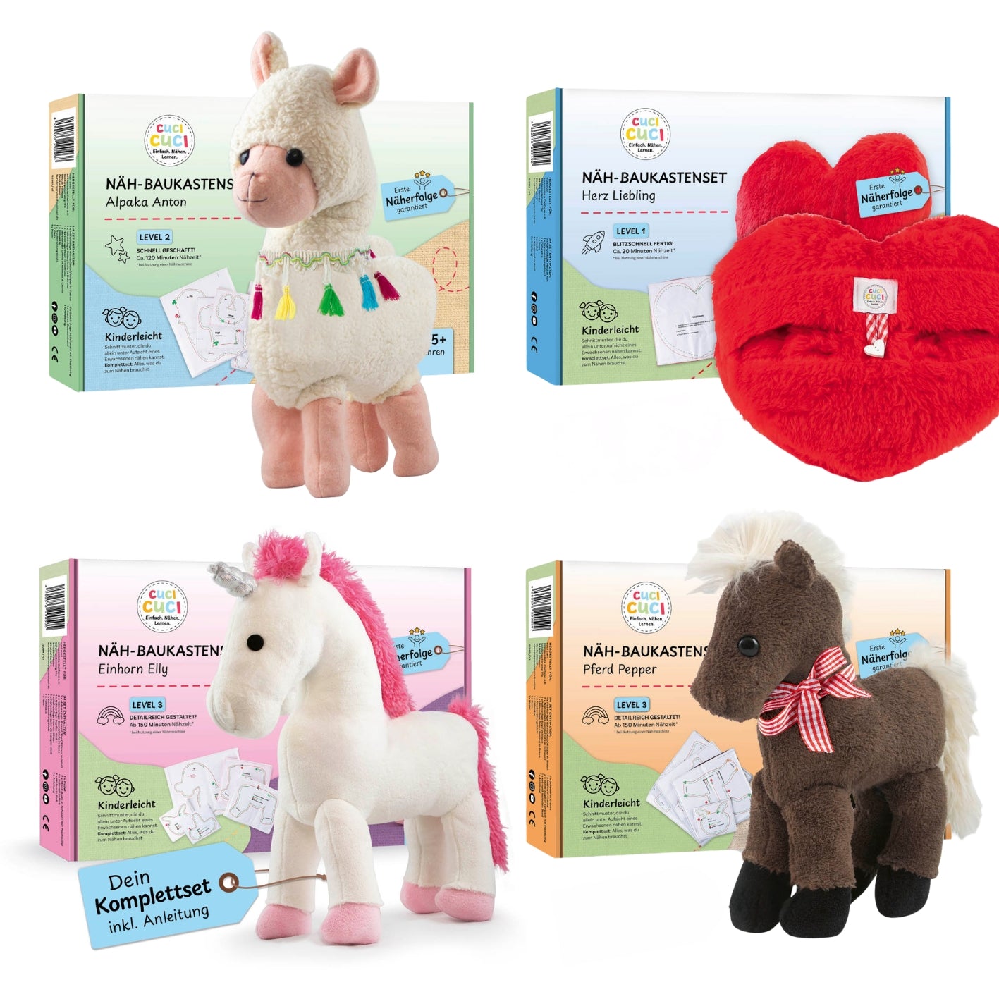 Näh-Baukastenset - 4 Motive Alpaka, Herz, Einhorn & Pferd zum kinderleichten Nähen mit Anleitung und Nähmaschine.