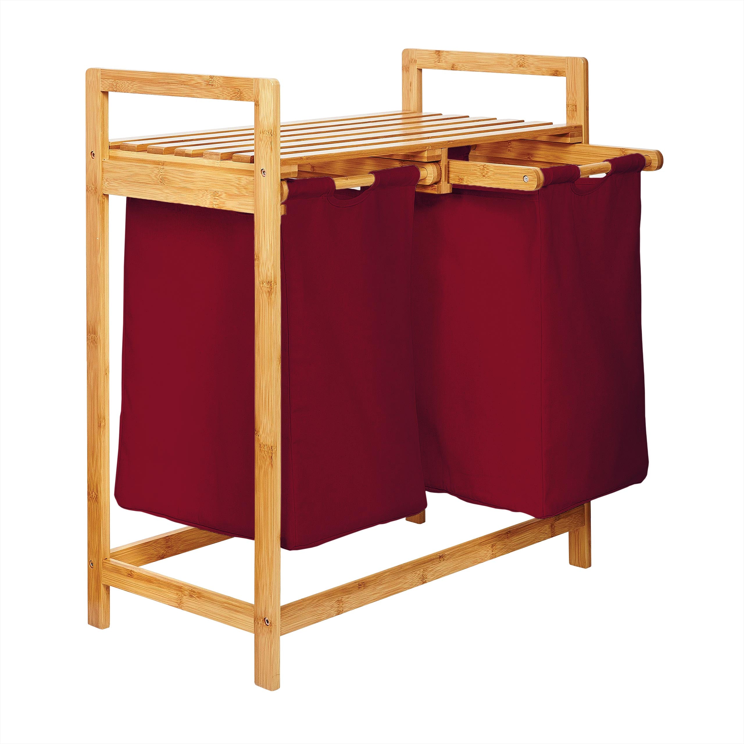 Bambus Wäschekorb mit 2 ausziehbaren Wäschesäcken - 73 x 64 x 33 cm - Dunkelrot, stilvoll und funktional.
