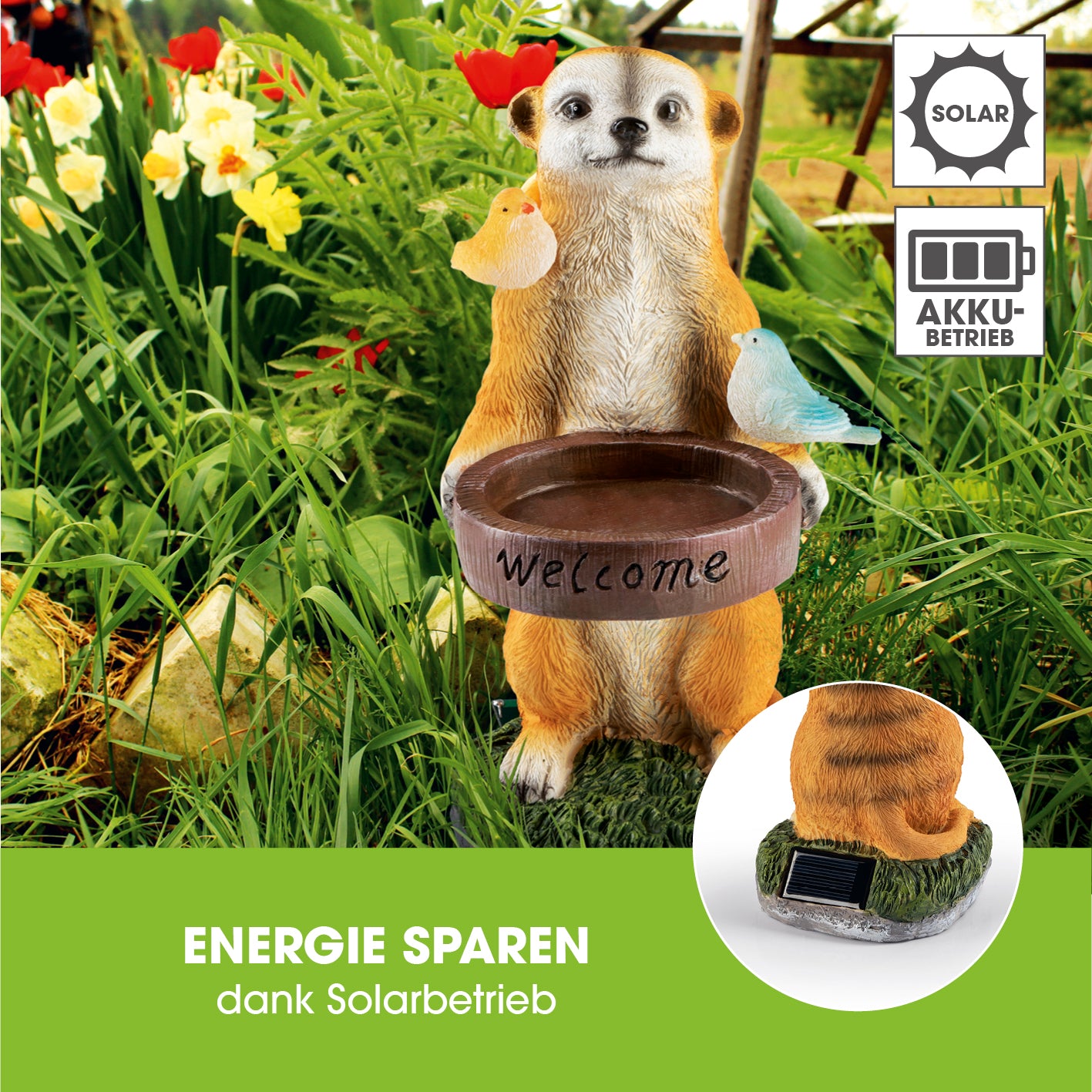 Solarleuchte Erdmännchen als Vogeltränke mit zwei weißen LEDs, Solarbetrieb, Willkommen-Gruss und Vogeldekor für Garten und Terrasse.