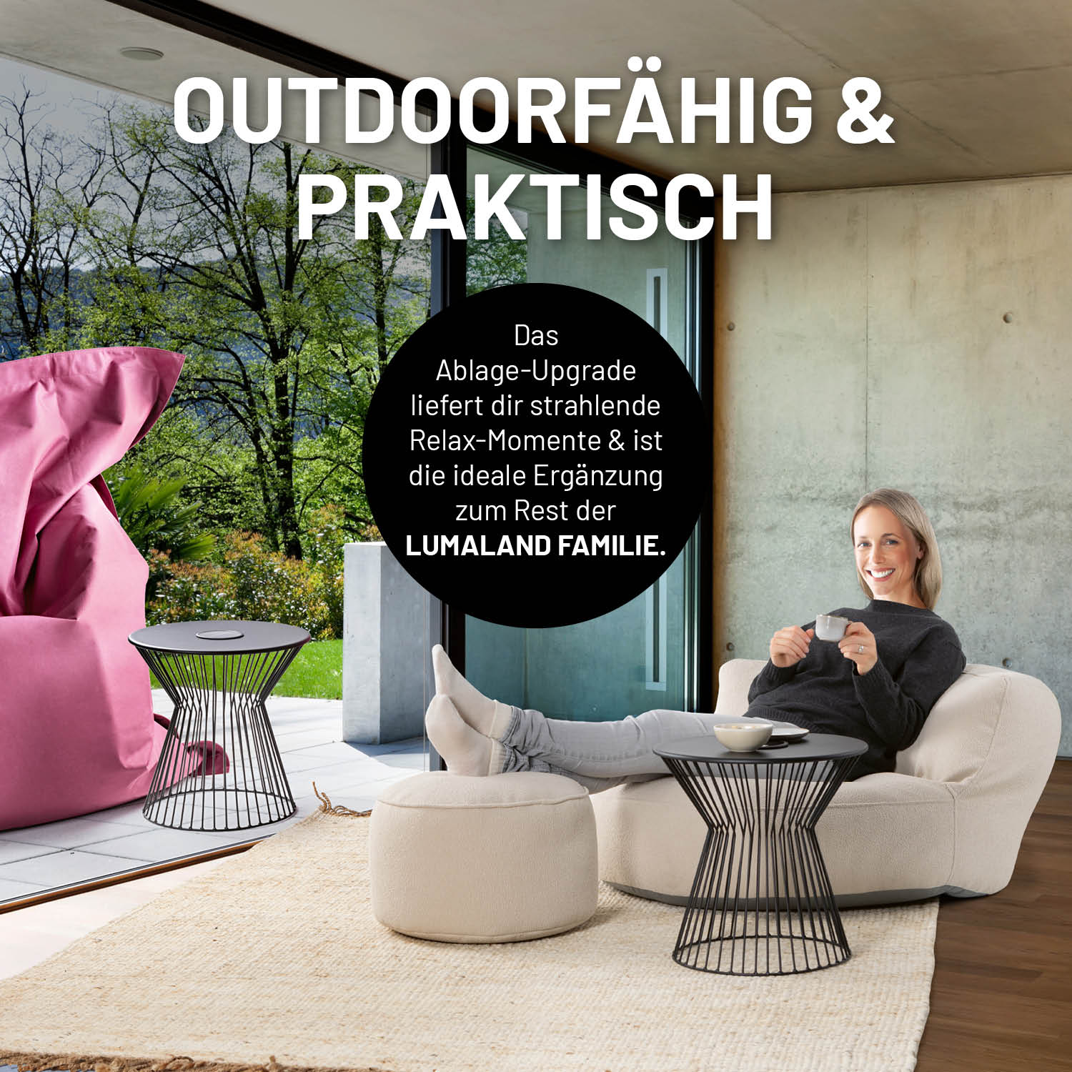Beistelltisch als praktische Ablage und stilvoller LED-Lichtspender, outdoorfähig und passend zu LUMALAND Sitzmöbeln.