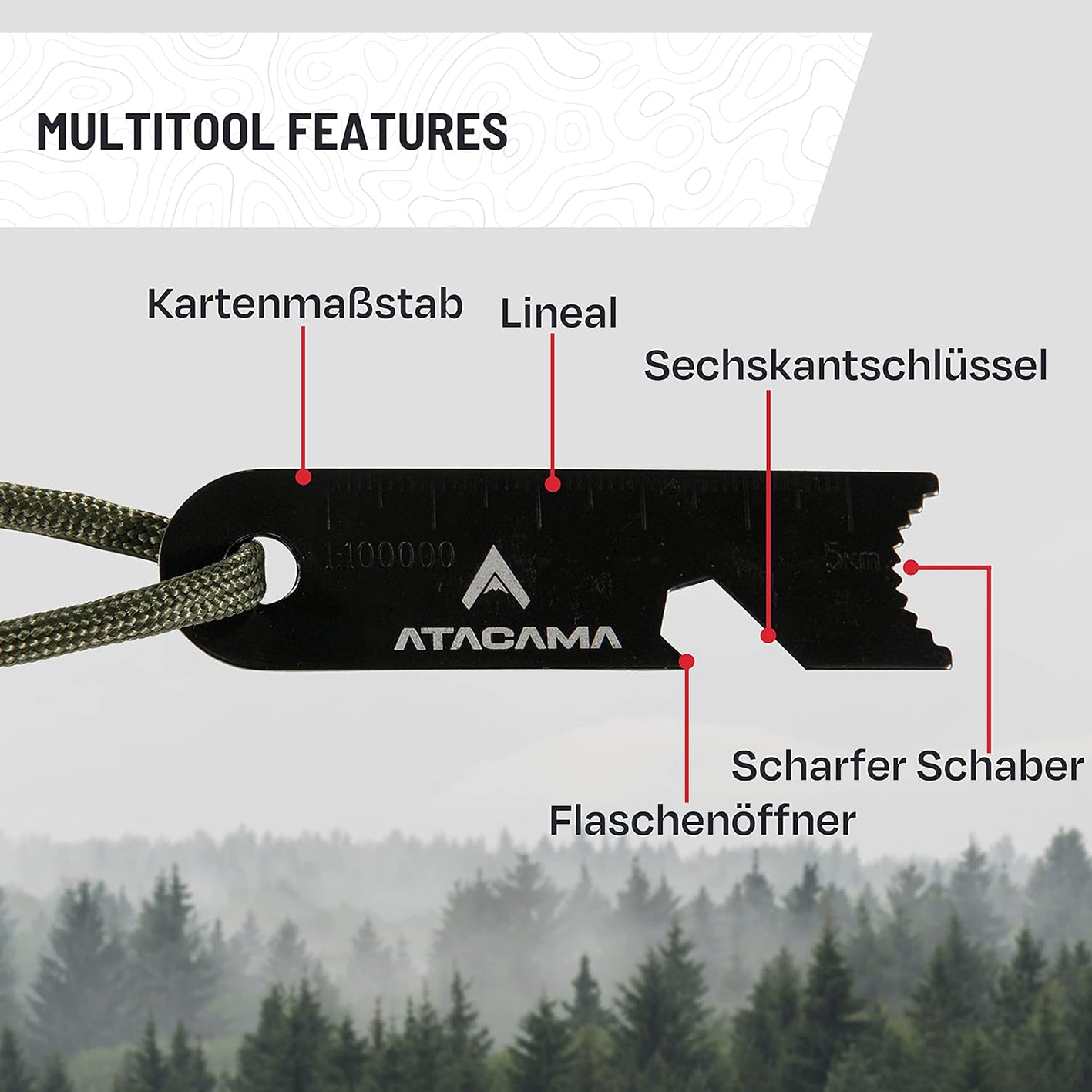 Feuerstahl Set - 7 tlg. mit Multitool Striker, Lineal, Sechskantschlüssel, Flaschenöffner und scharfem Schaber.