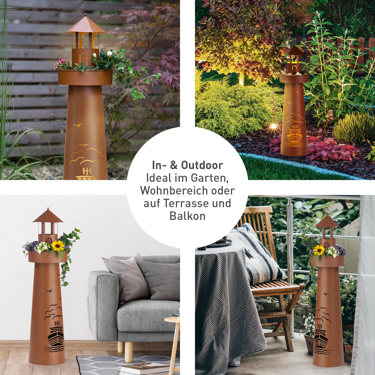 LED-Dekosäule Leuchtturm 70 cm braun mit LED-Beleuchtung, Timerfunktion und bepflanzbarer oberer Plattform für Garten und Terrasse.