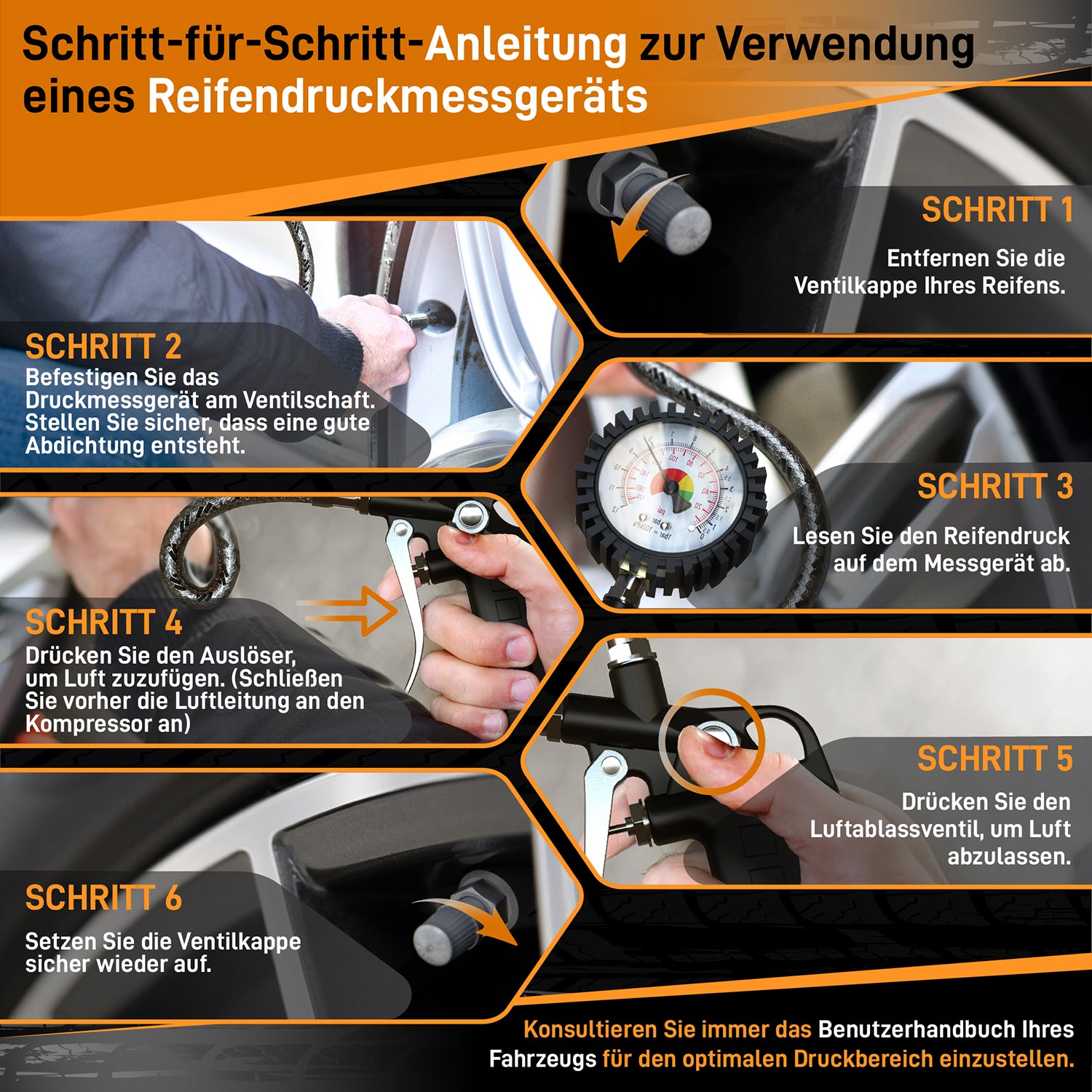 Reifendruckprüfer Schritt-für-Schritt Anleitung zur Messung und Kontrolle des Reifendrucks an Fahrzeugventilen.