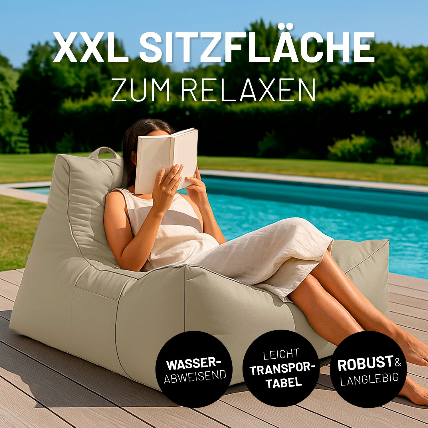 Premium Lounge-Sessel - 380 L - 100 x 100 x 80 cm - Beige mit XXL Sitzfläche, wasserabweisend, leicht transportabel und robust für Innen und Außenbereich.