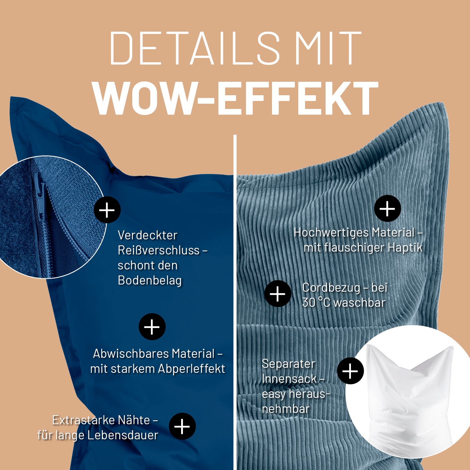 Sitzsack Classic XXL All-in-One Set - 380 L - 140 x 180 cm - Navyblau mit verdecktem Reißverschluss und waschbarem Cordbezug