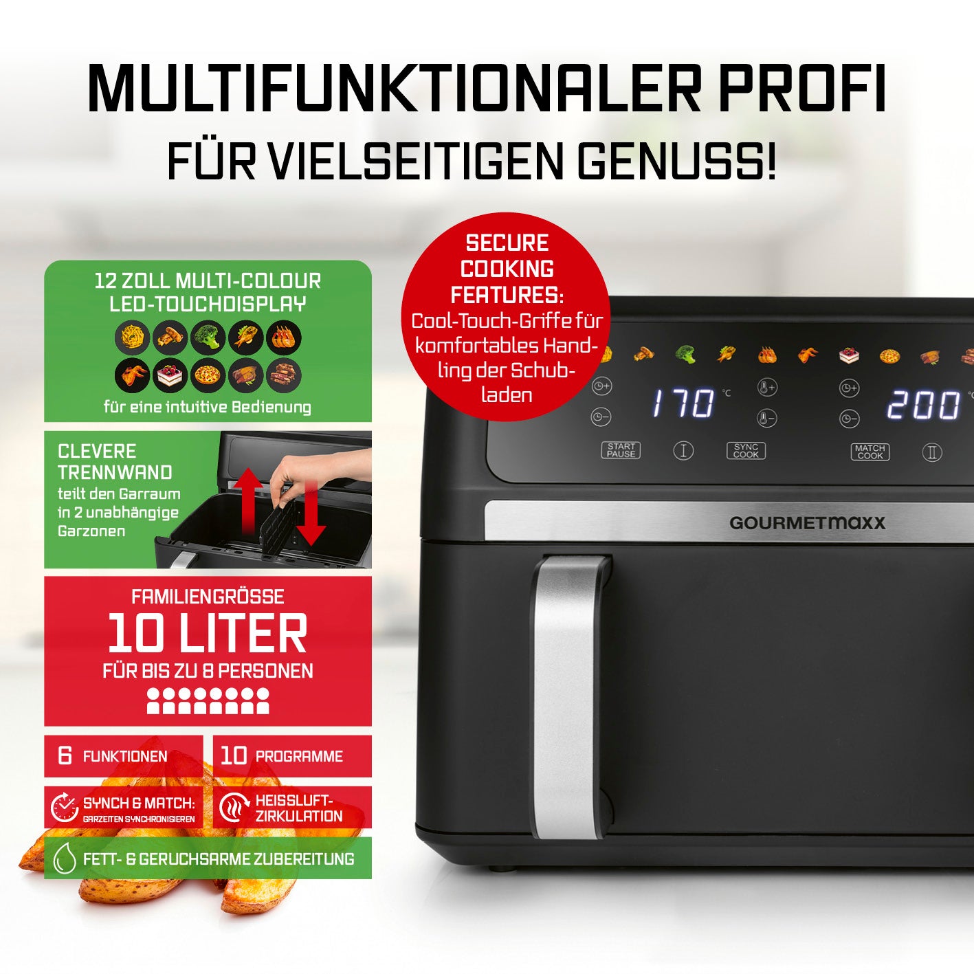 Vario-Kammer-Heißluftfritteuse - 10 Liter mit 2 Zonen, Touchscreen, 6 Funktionen und fettarmer Heißluft für bis zu 8 Personen.