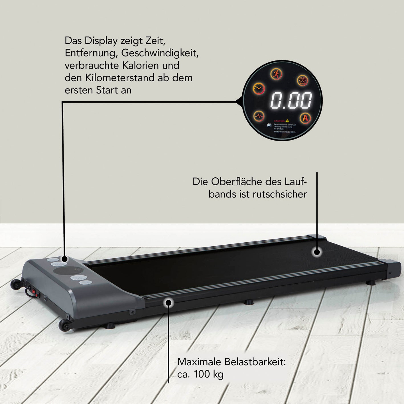 Laufband - 1-6km/h mit rutschfester Oberfläche, Display für Zeit, Geschwindigkeit, Kalorien und max. Belastbarkeit 100 kg, elektrisch betrieben.