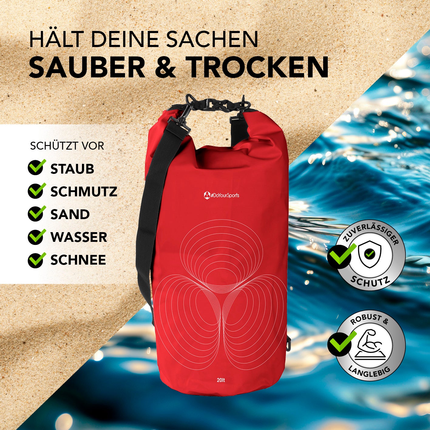 Dry Bag 20L - Rot, wasserdichter und robuster Outdoor-Rucksack mit Rolltop-Schutz für staub- und wasserdichten Transport.