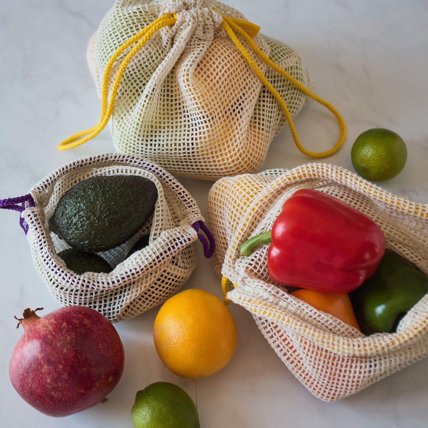 Einkaufsbeutel aus 100% Baumwolle - 5er-Set mit nachhaltigen, wiederverwendbaren Obst- und Gemüsenetzen von Lumaland.