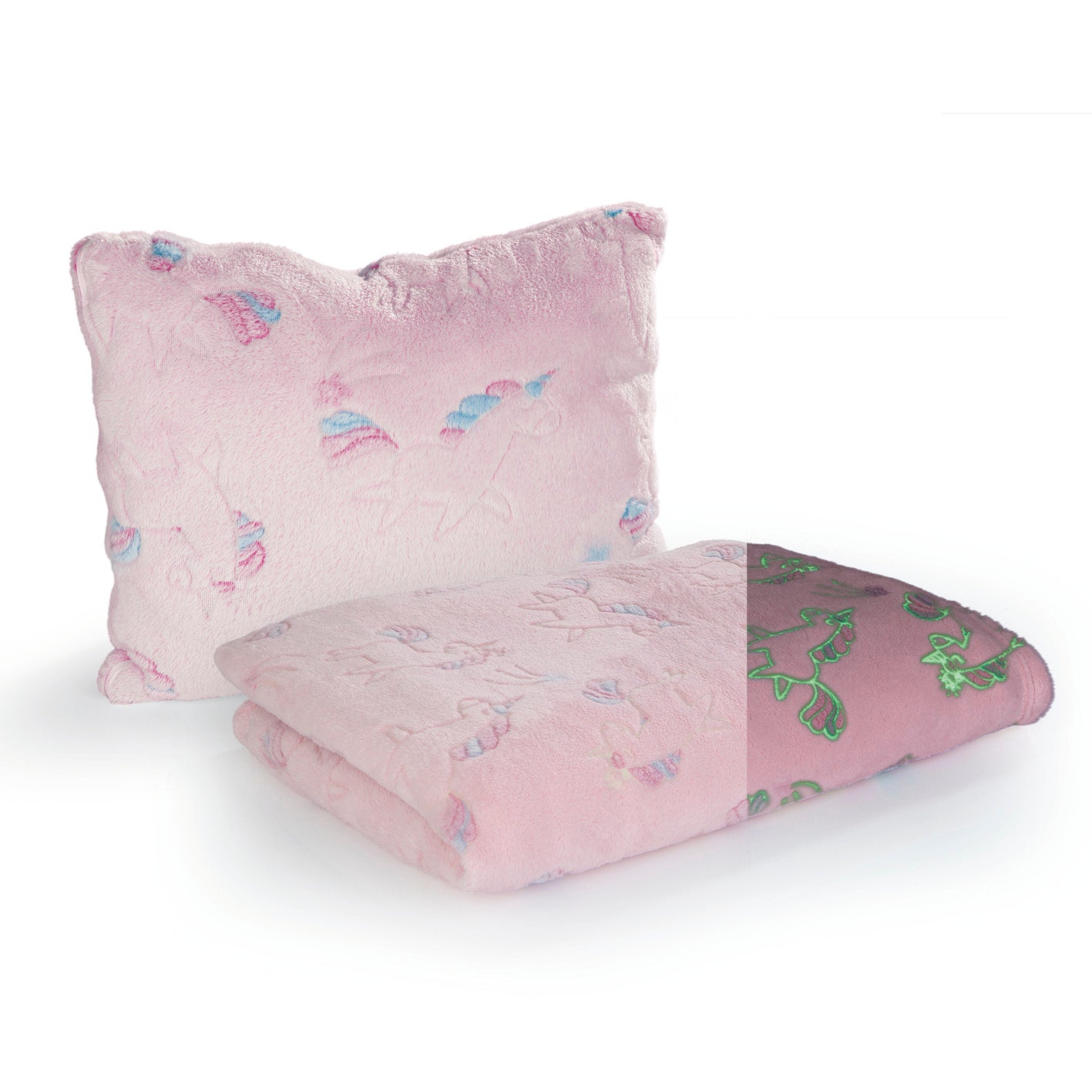Verwandlungskissen Glow in the dark - Kuschelkissen & Kuscheldecke - Einhorn aus flauschigem, leuchtendem Fleece mit unsichtbarem Reißverschluss.