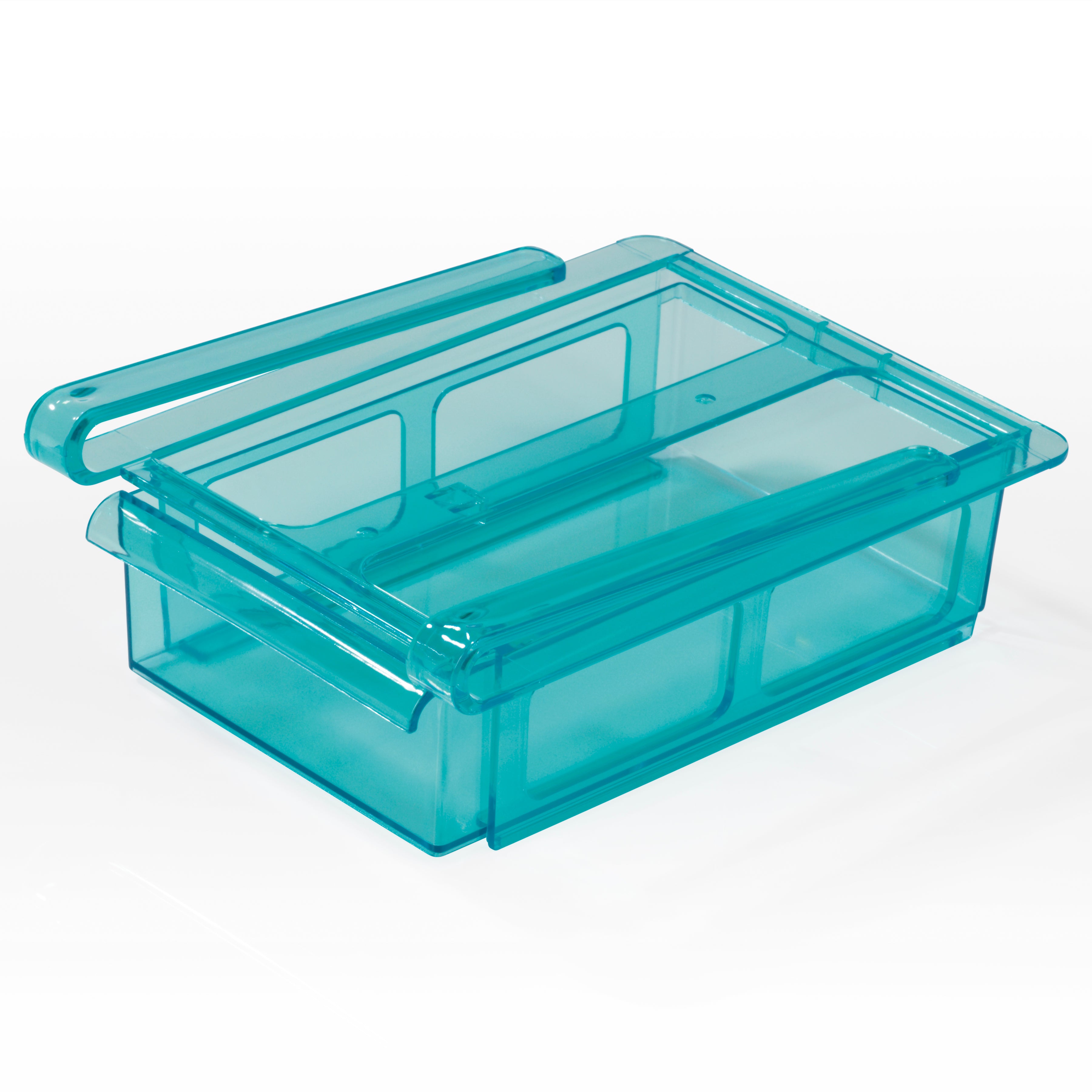 Klemm-Schublade für Kühlschrank - 3er-Set transparent/blau mit praktischem Klemmmechanismus und EVA-Pads für vielseitige Verwendung.