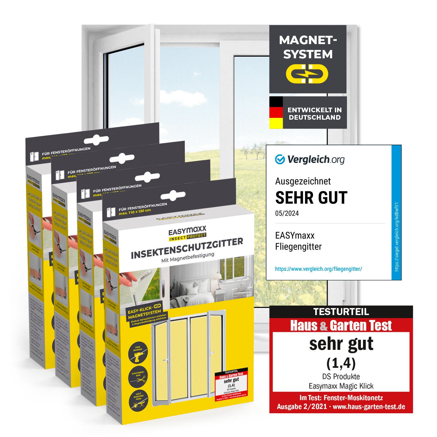 Insektenschutzgitter mit Magnetbefestigung - 4er-Set, weiß, 110 x 130 cm, magnetisches Fliegennetz für Fenster, einfache Montage ohne Bohren.