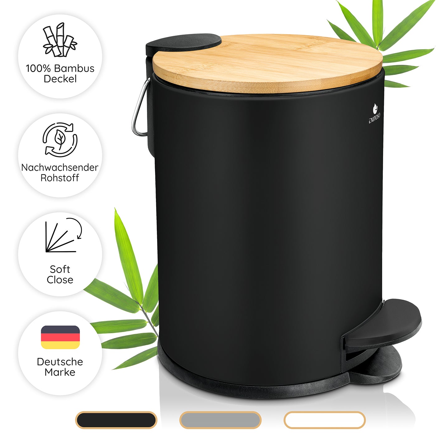 Tretmülleimer mit Softclose-Deckel - 3 l - Schwarz, matt beschichtet, Bambusdeckel, geräuschloser Softclose, rutschfester Stand
