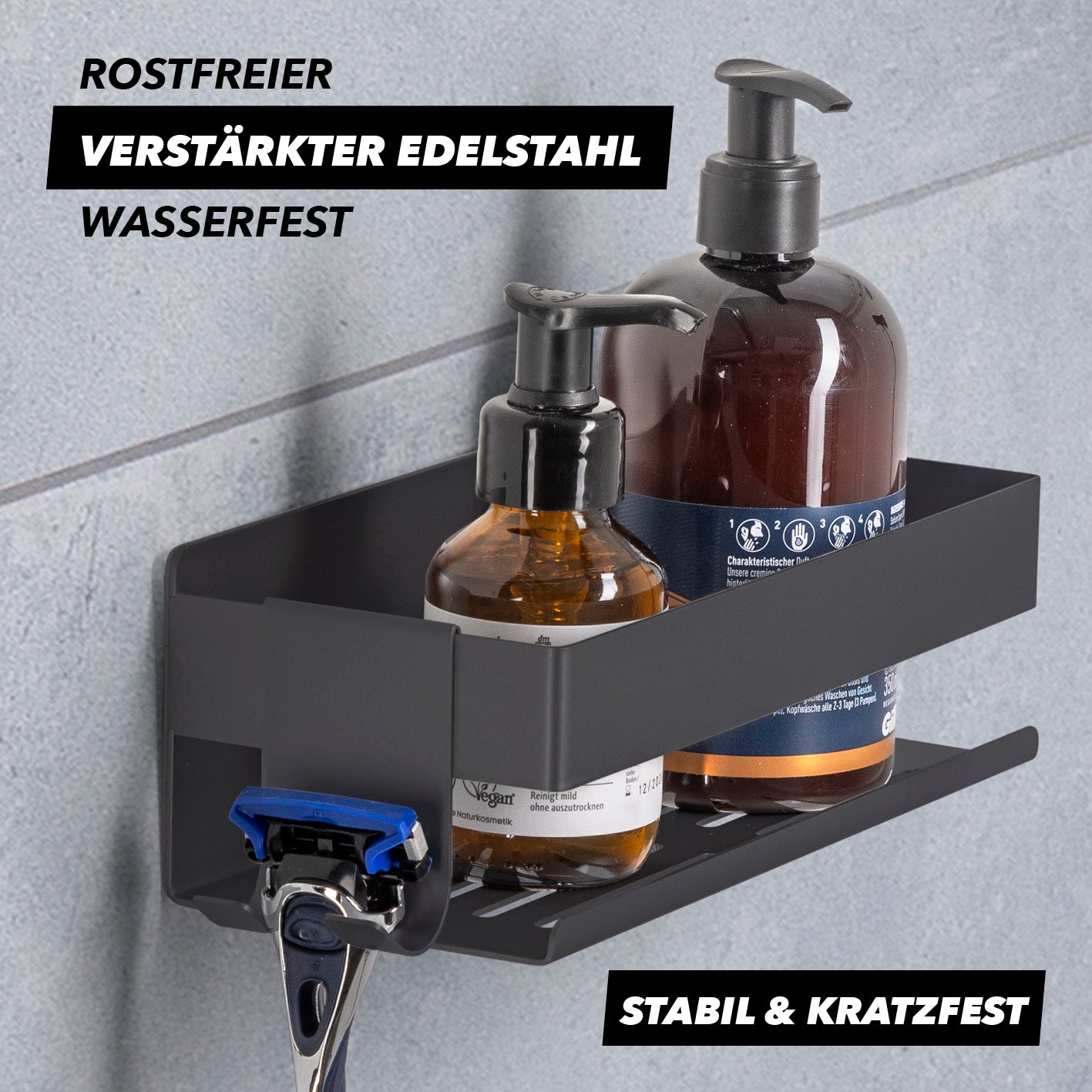 Dusch-Organizer zum Kleben oder Bohren - Schwarz aus rostfreiem Edelstahl, wasserfest, stabil und kratzfest für Shampoo und Duschgel.