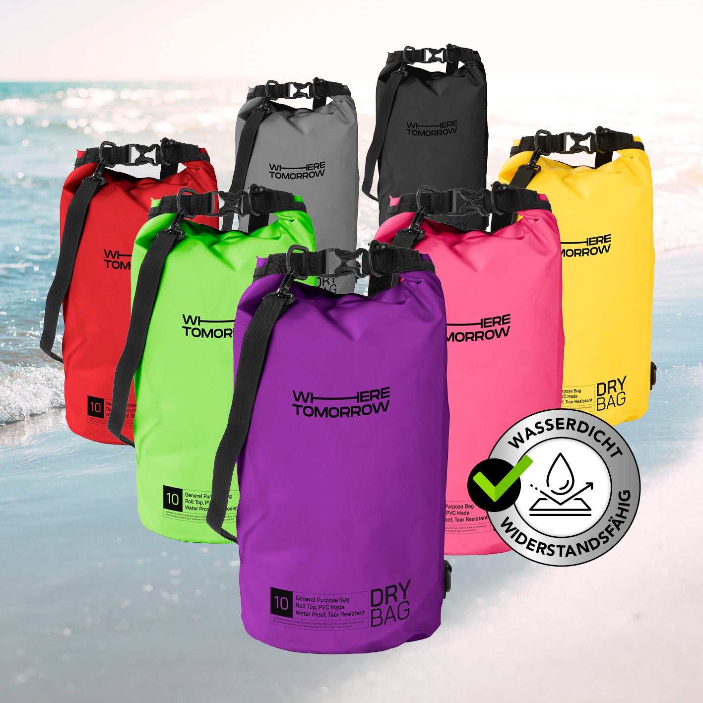 Dry Bag 10L - Style 01 - Lila wasserdichter, robuster Outdoor-Rucksack mit Rolltop und verstellbarem Schultergurt von WHERE TOMORROW.