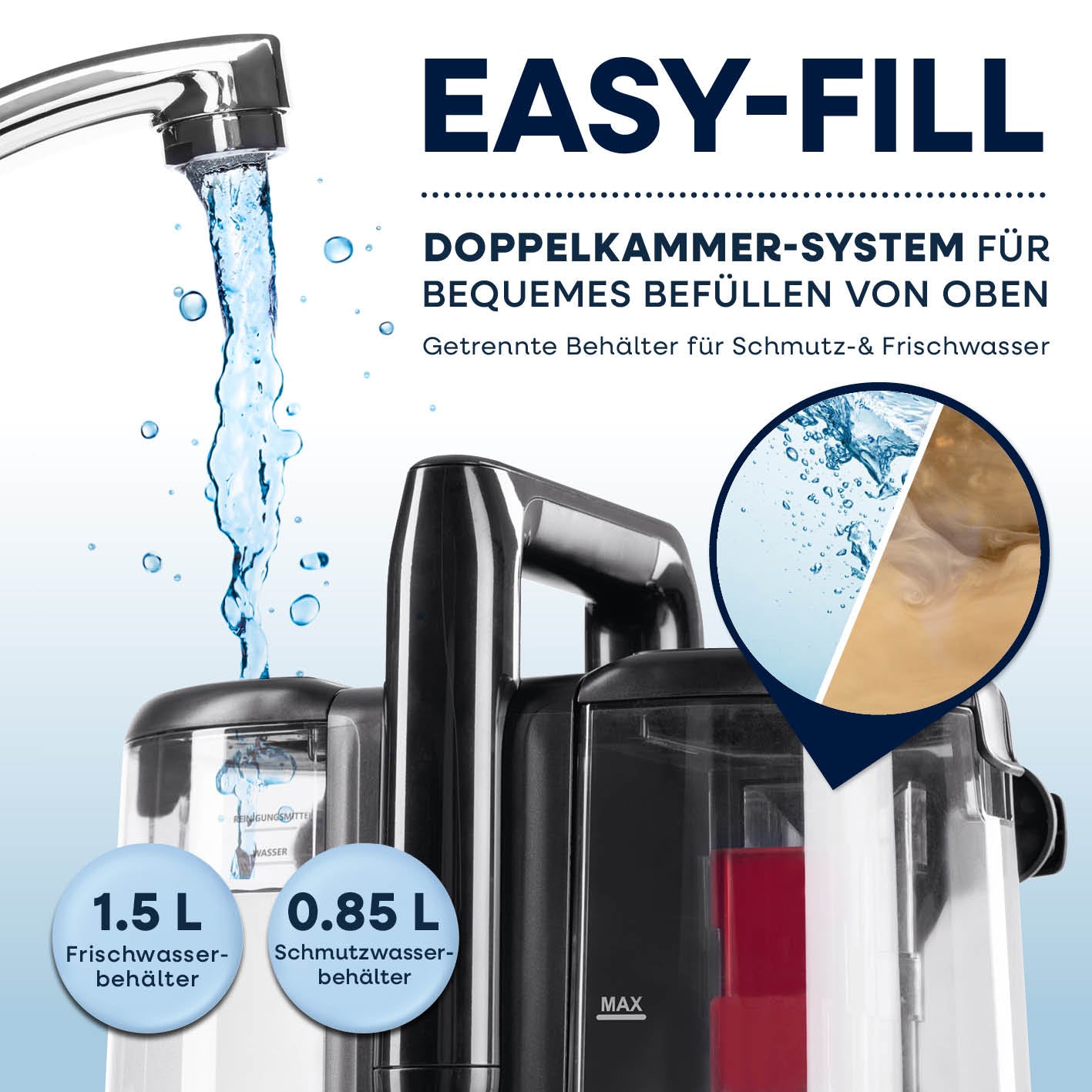 Polster- & Teppichreiniger Pro mit Easy-Fill Doppel-Kammer-System und getrennten Tanks für Frisch- und Schmutzwasser.