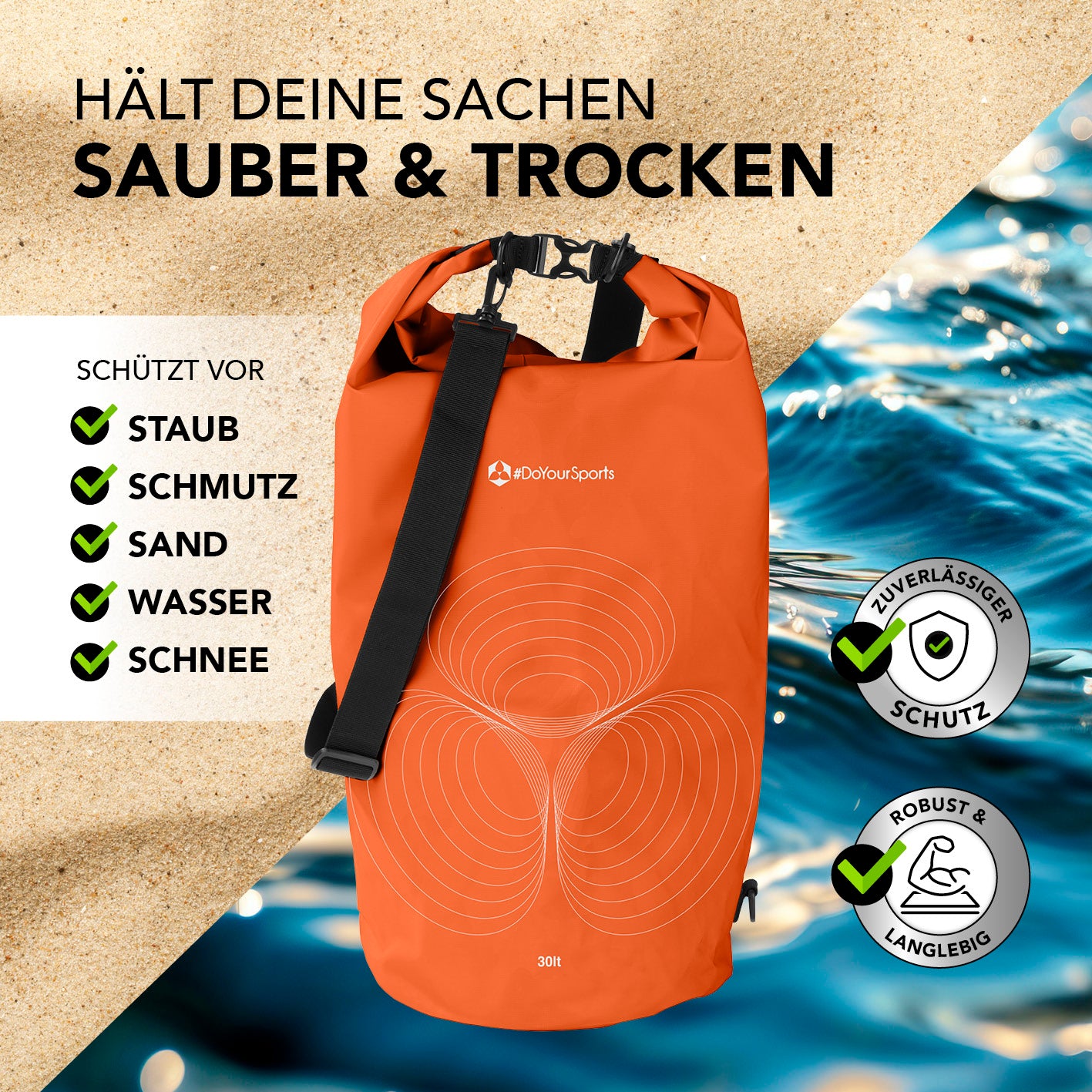 Dry Bag 30L - Orange mit wasserdichtem Rolltop, robustem Material und verstellbarem Schultergurt für Outdoor-Abenteuer.