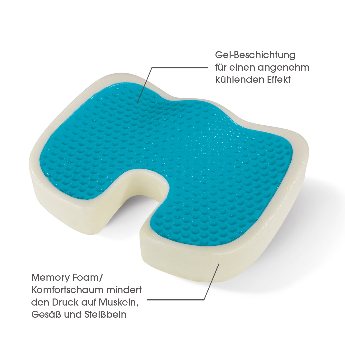 Ergonomisches Gel-Sitzkissen inkl. Fleecebezug - grau mit Memory-Foam und kühlender Gel-Beschichtung für individuellen Sitzkomfort.