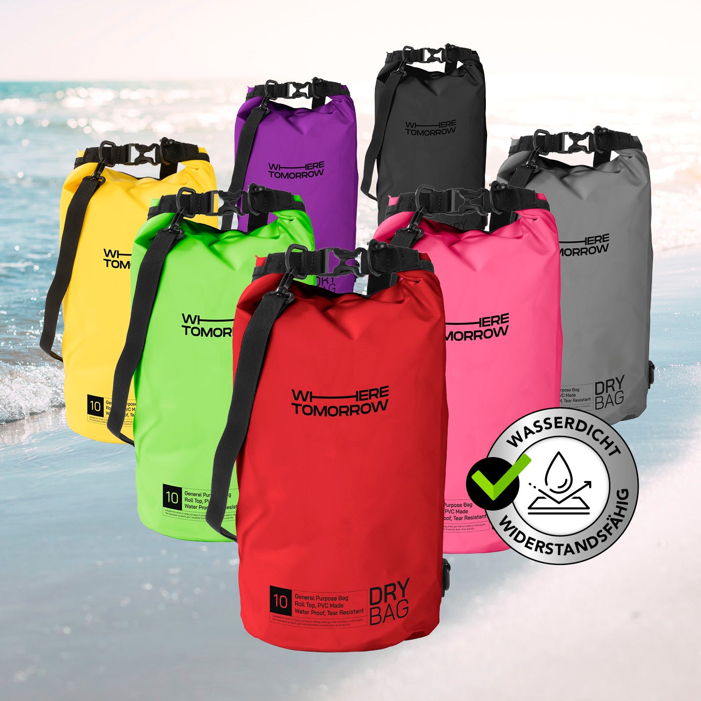 Dry Bag 10L - Style 01 - Rot, wasserdichter und robuster Outdoor-Rucksack mit verstellbarem Schultergurt und Rolltop-Verschluss.