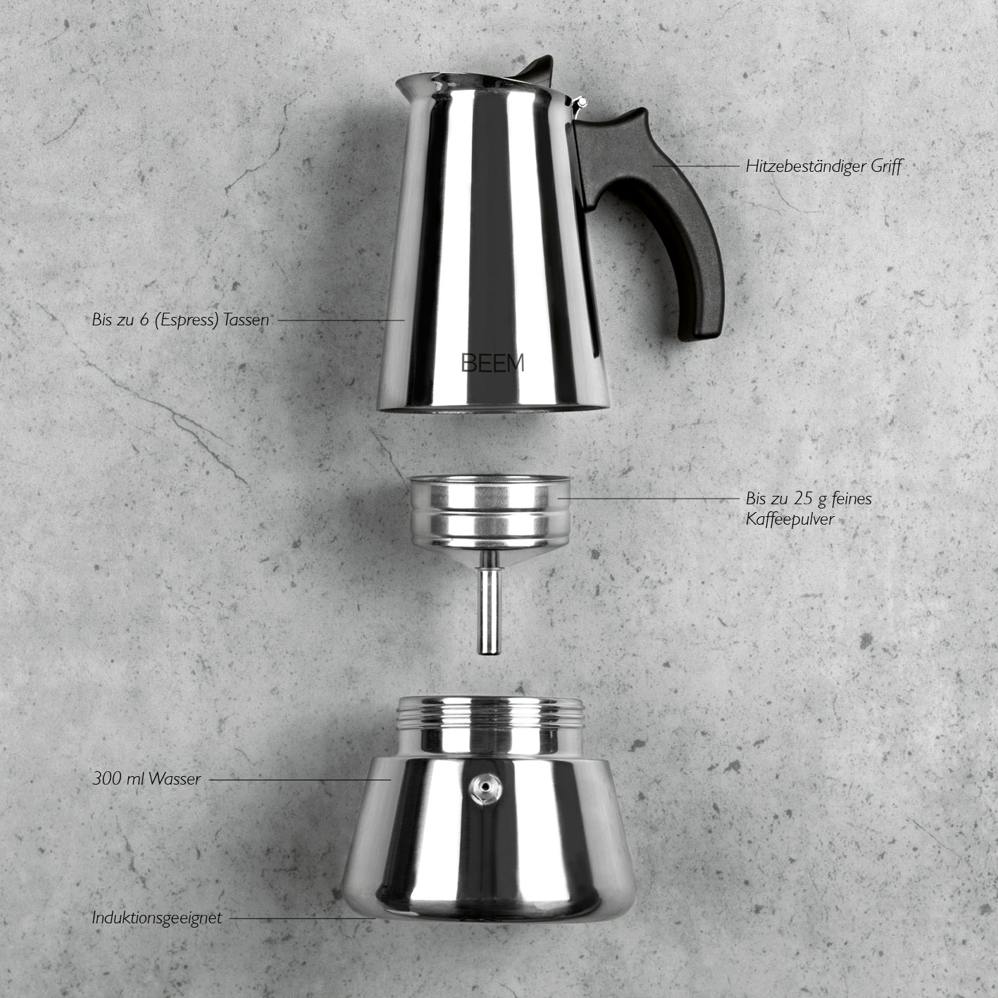 ESPRESSOMAKER - Espressokocher - 6 Tassen aus Edelstahl, induktionsgeeignet, mit hitzebeständigem Griff, für aromatischen Espresso bis 6 Tassen.