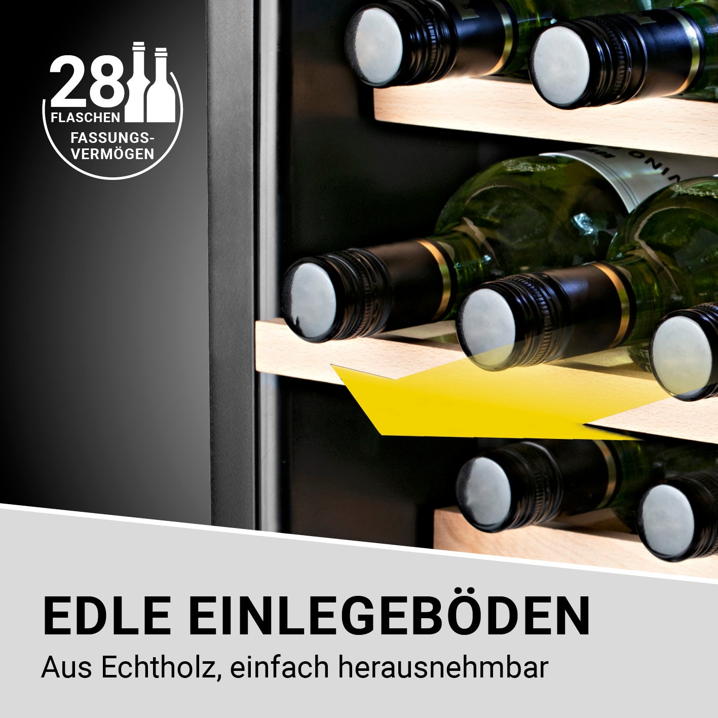 Weinkühlschrank - 28 Flaschen mit edlen Echtholz-Einlegeböden, herausnehmbar, ideal für stilvolle Weinlagerung und optimale Kühlung.