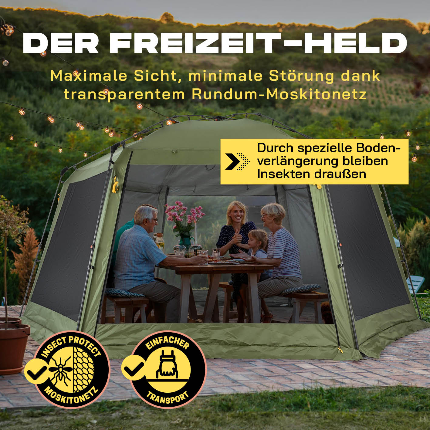 Pop-up-Pavillon mit Mückenschutz - grün, großer Moskitonetz-Schutz für max. Sicht und Insektenschutz bei Outdoor-Aktivitäten.
