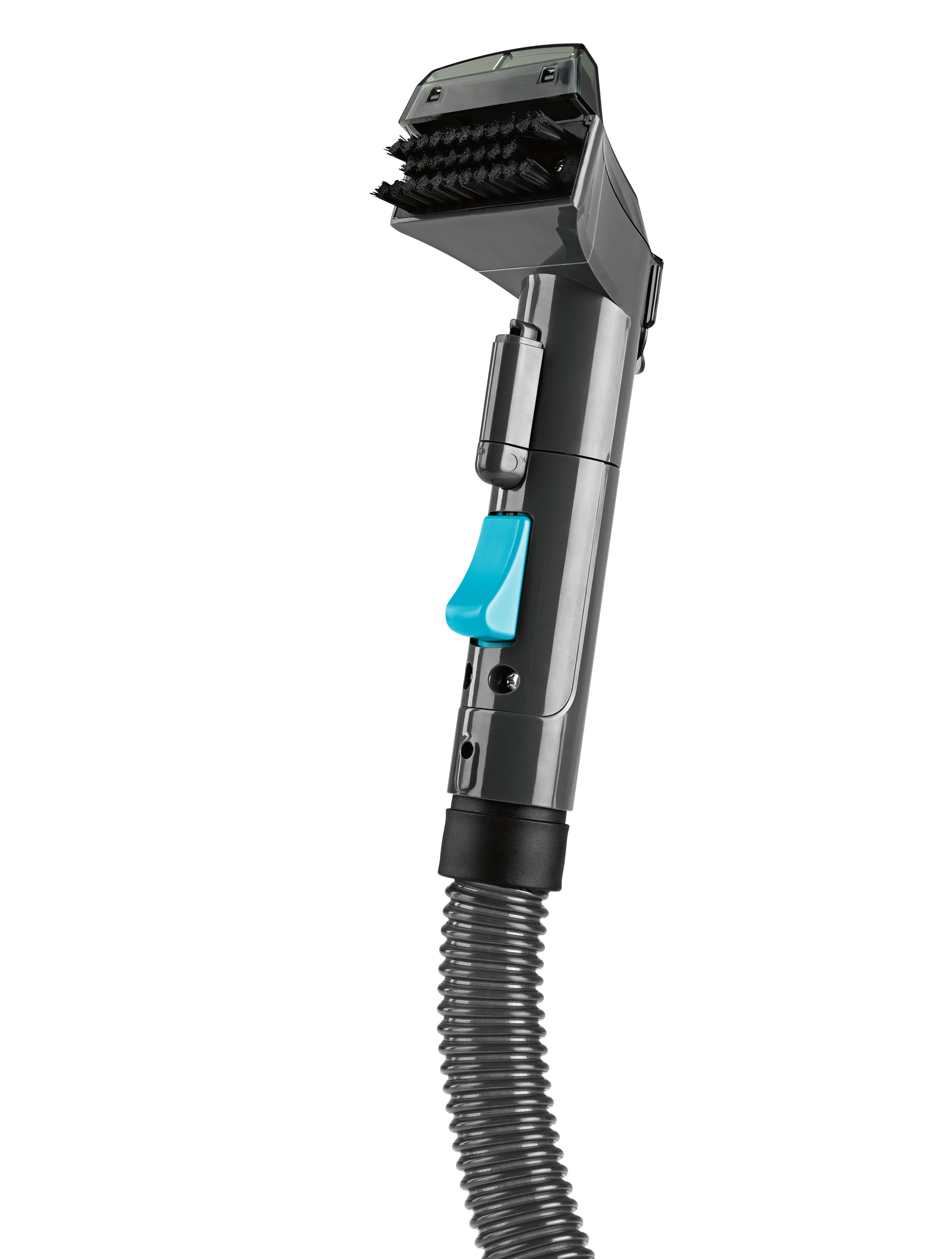Polster- & Teppichreiniger Kompakt - Grau/Blau Bürstendüse mit ergonomischem Griff und flexiblem Schlauch zur gründlichen Teppichreinigung.
