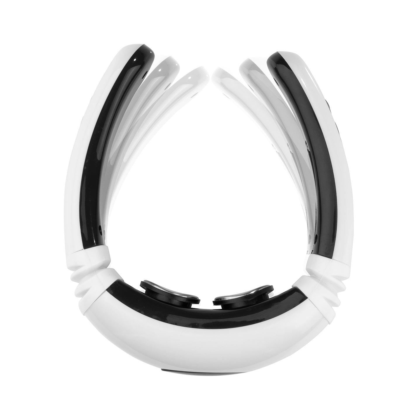 Nacken-Massagegerät EMS in weiß/schwarz, ergonomisch, kabellos mit 16 Intensitätsstufen für flexible Nackenanpassung und Tiefen-Entspannung.