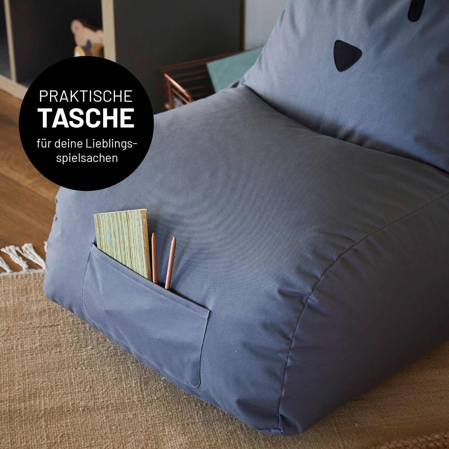 Kindersitzsack Animal Line Chick (200 L) in Pastell Grün mit praktischer Seitentasche für Spielzeug, indoor & outdoor, wasserabweisend und robust.