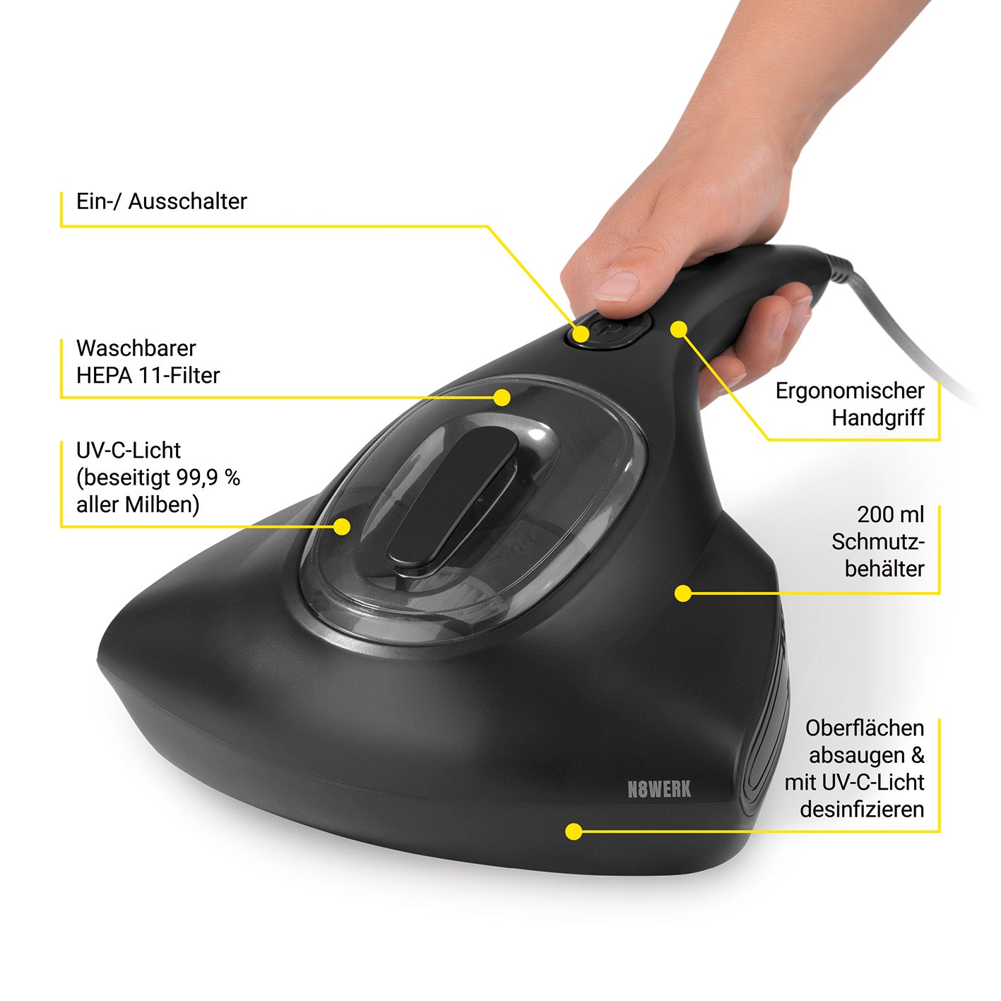 Milbensauger Midnight Black Edition mit HEPA-Filter, UV-C-Licht zur Desinfektion, 200 ml Schmutzbehälter und ergonomischem Griff.
