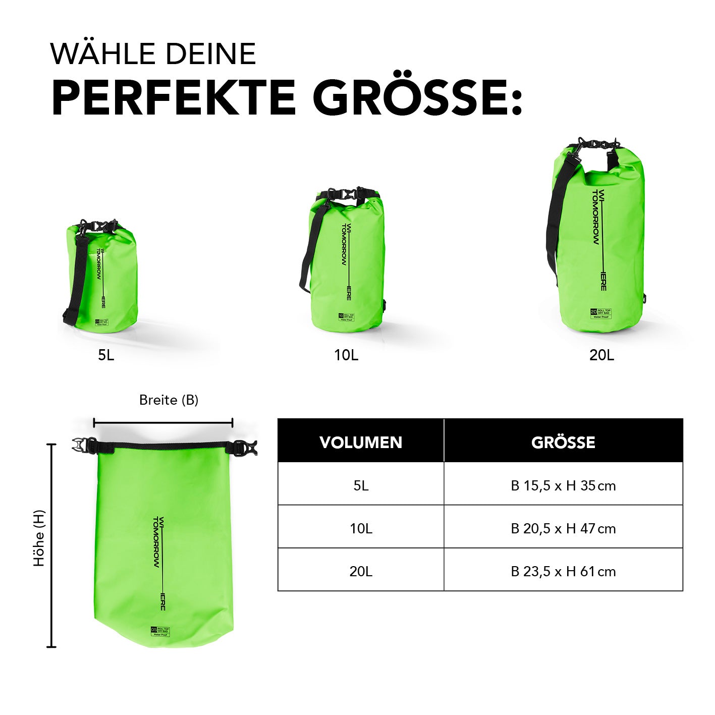 Dry Bag 10L - Style 02 - Grün, wasserdichter Rucksack mit 10 Litern Volumen, Maße 20,5 x 47 cm, ideal für Outdoor-Einsätze.