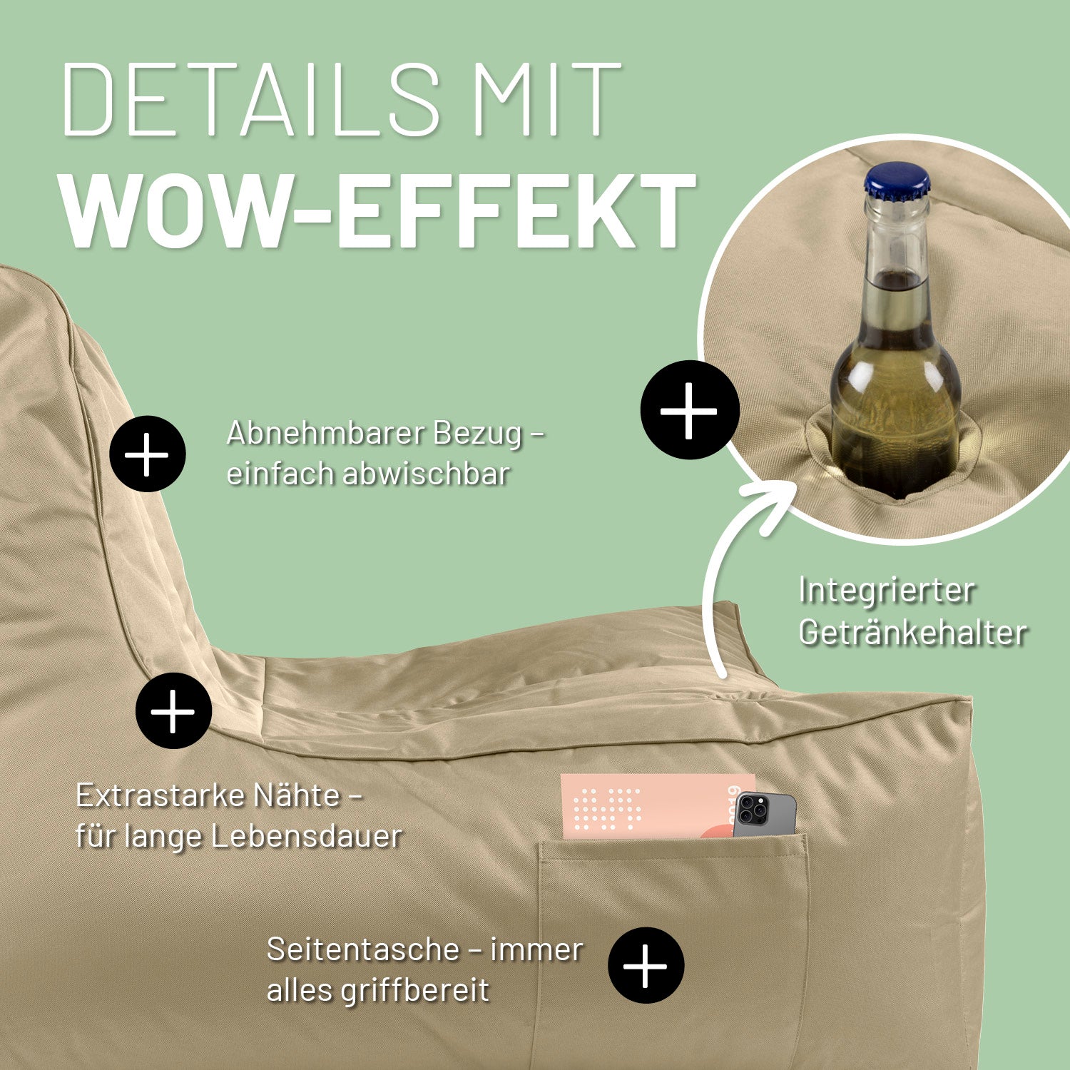 Premium Lounge-Sessel - 380 L - 100 x 100 x 80 cm - Beige mit abnehmbarem Bezug, Getränkhalter, Seitentasche und robusten Nähten für drinnen und draußen.