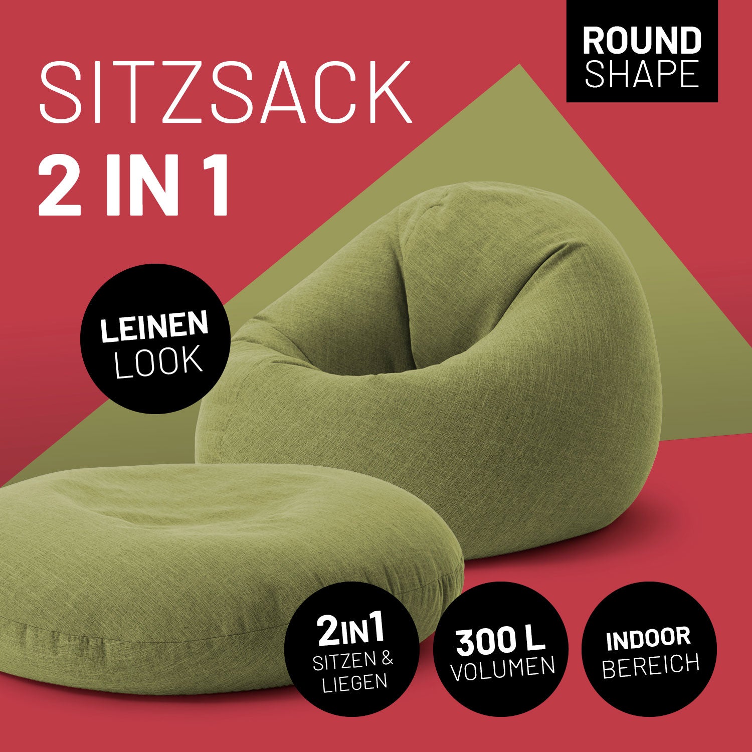 Sitzsack Interior Line (300 ) - indoor - Lime, 2-in-1 Leinenlook Sitzsack, weich, rund, 300L Volumen, indoor für flexibles Sitzen und Liegen.