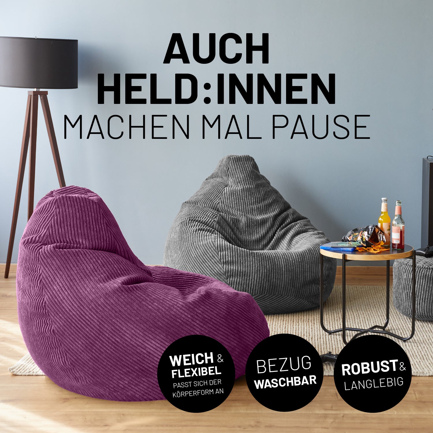Sitzsack GIANT aus der Cord-Reihe - Weinrot, großer, weicher Sitzsack mit waschbarem Bezug und robustem Cordstoff im modernen Wohnzimmer.
