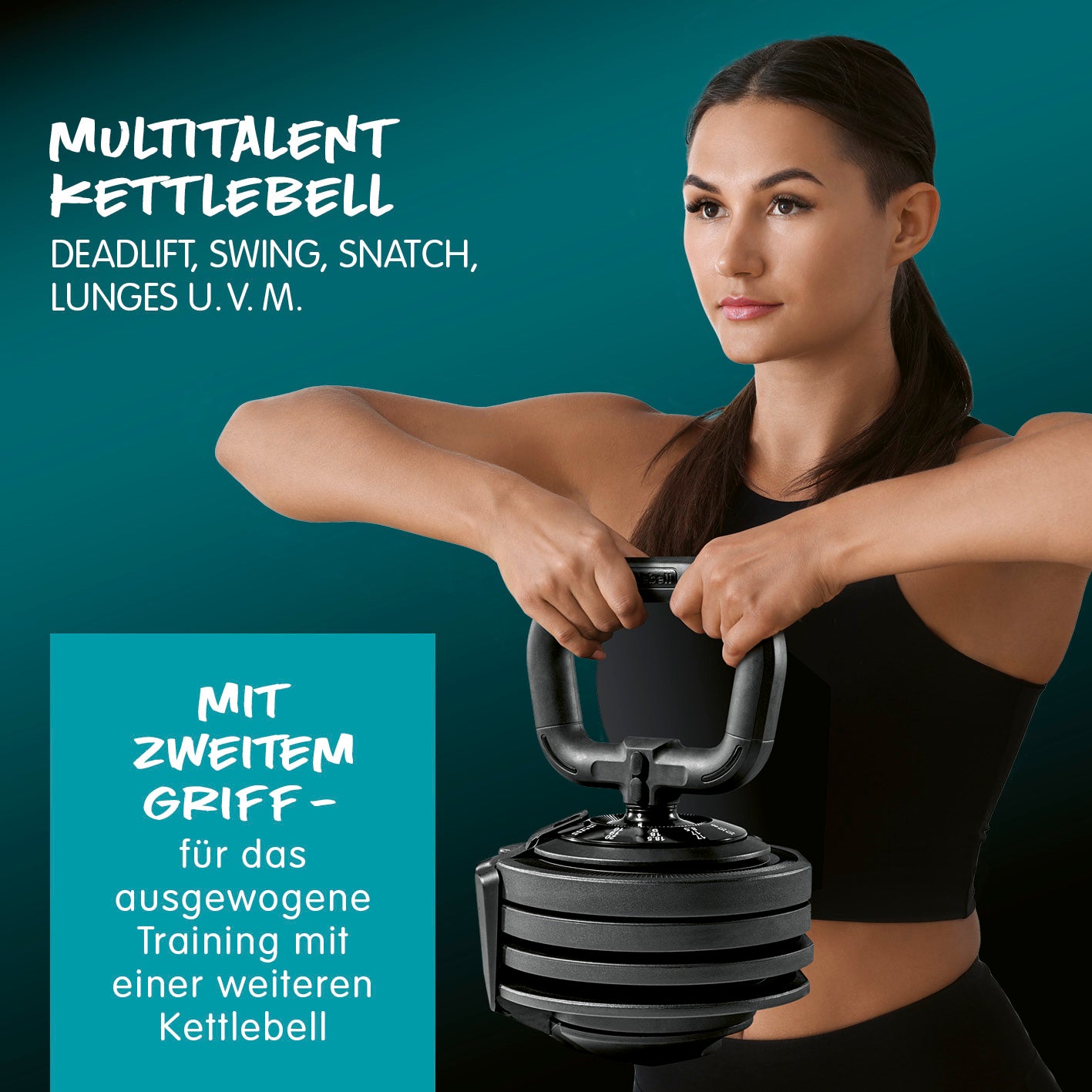 Multifunktionshantel mit zwei Griffen, individuell einstellbar für vielseitiges Training von 3 bis 24 kg, stabil und platzsparend.