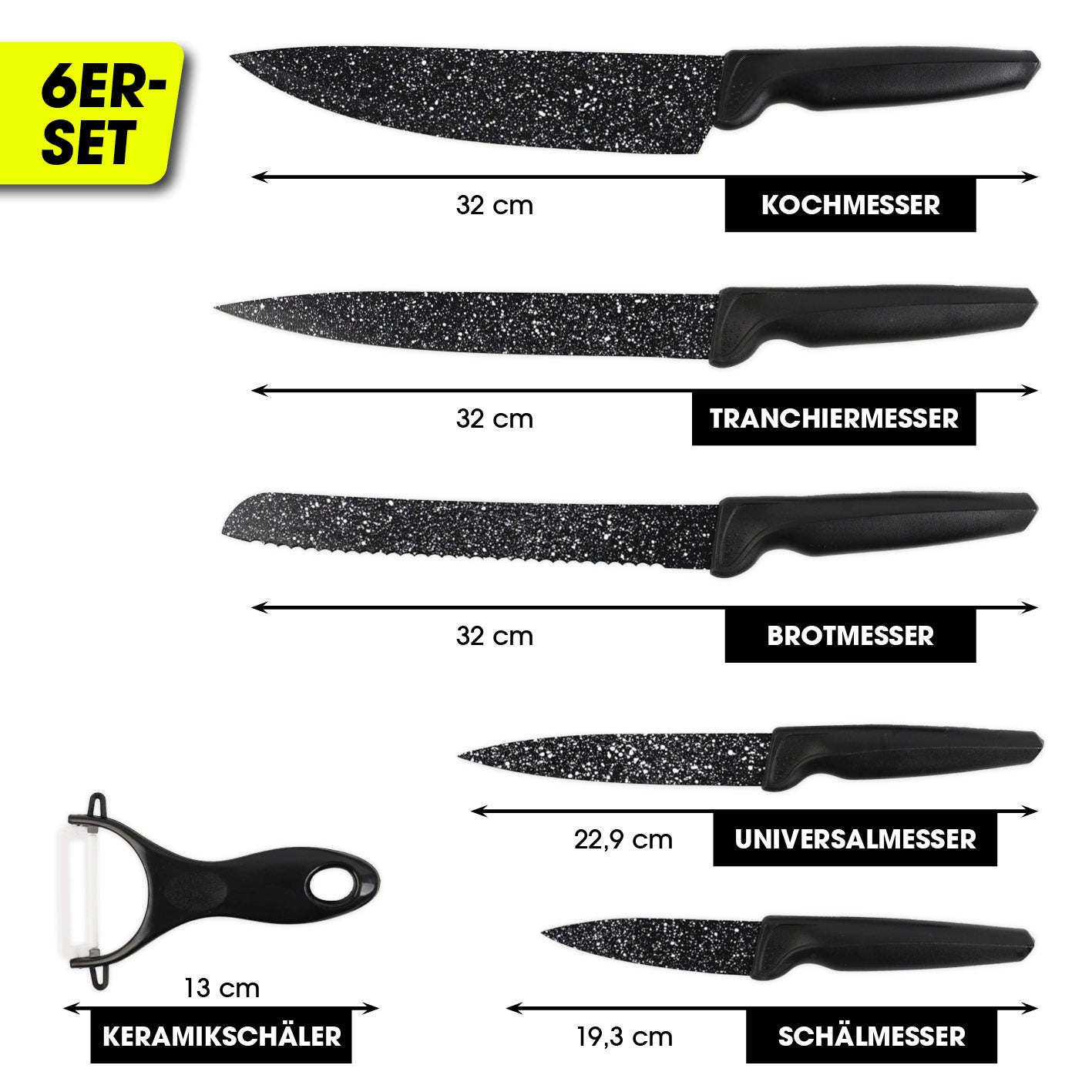 Messerset inkl. Sparschäler - 6-tlg. mit Antihaftbeschichtung, Kochmesser, Brotmesser, Tranchiermesser, Universalmesser, Schälmesser, Keramikschäler.