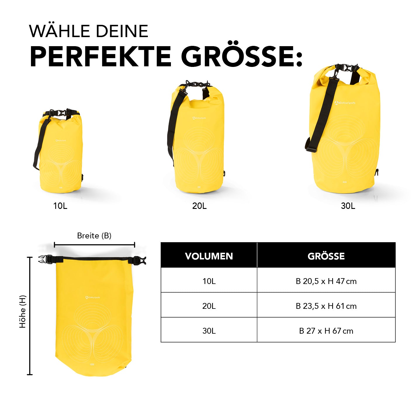 Dry Bag 20L - Gelb wetterfester und robuster Rucksack mit verstellbarem Schultergurt und wasserdichtem Rolltop-Verschluss.