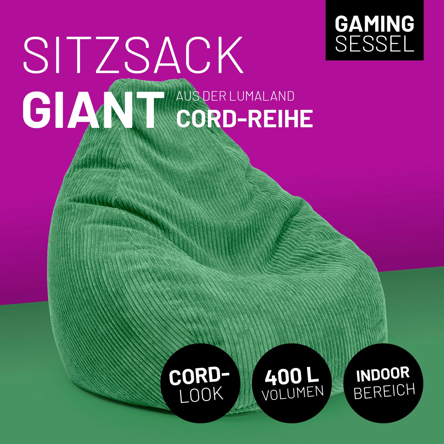Sitzsack GIANT aus der Cord-Reihe - Dunkelgrün mit kuscheligem Cordbezug, 400 Liter Volumen und modernem Boho-Design für den Indoor-Bereich.