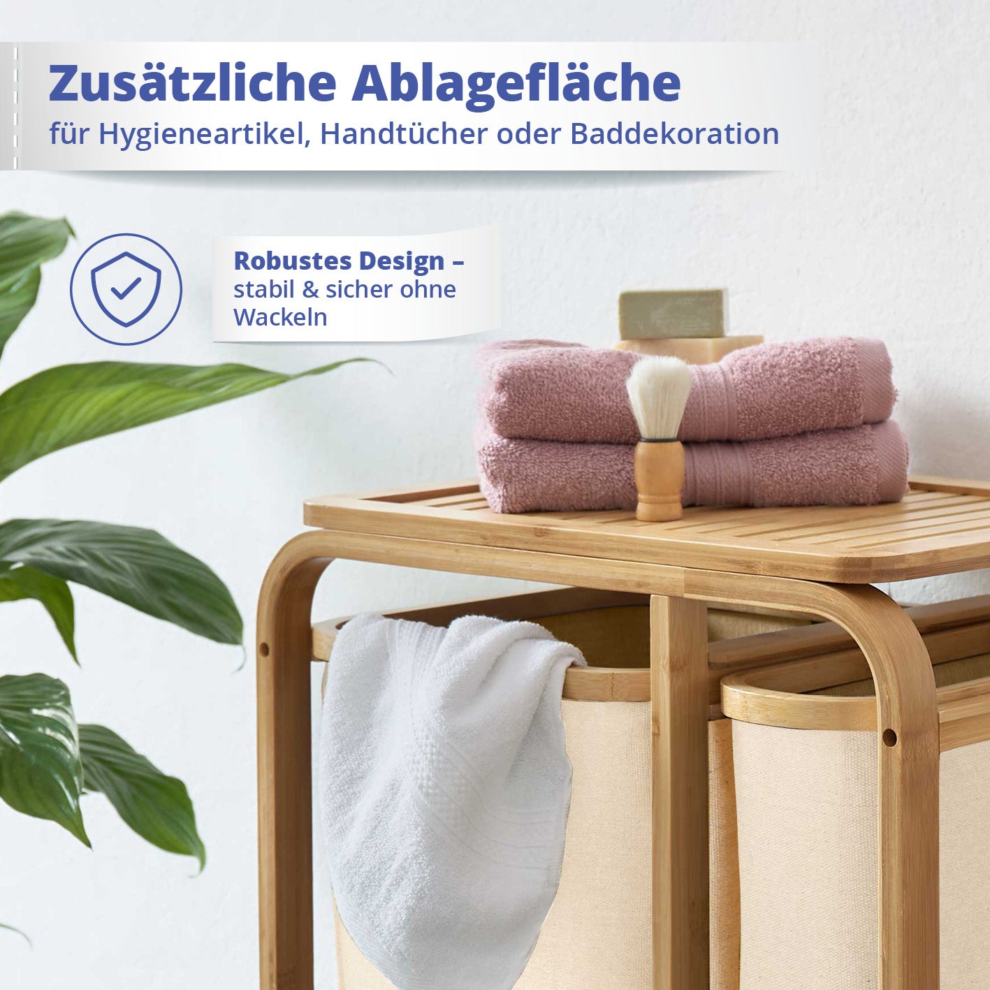 Bambus Wäschekorb - 1 XL Fach + 2 Kompaktfächer beige mit Ablagefläche für Badaccessoires, robust und stabil ohne Wackeln, 49,5 x 33 x 71 cm.