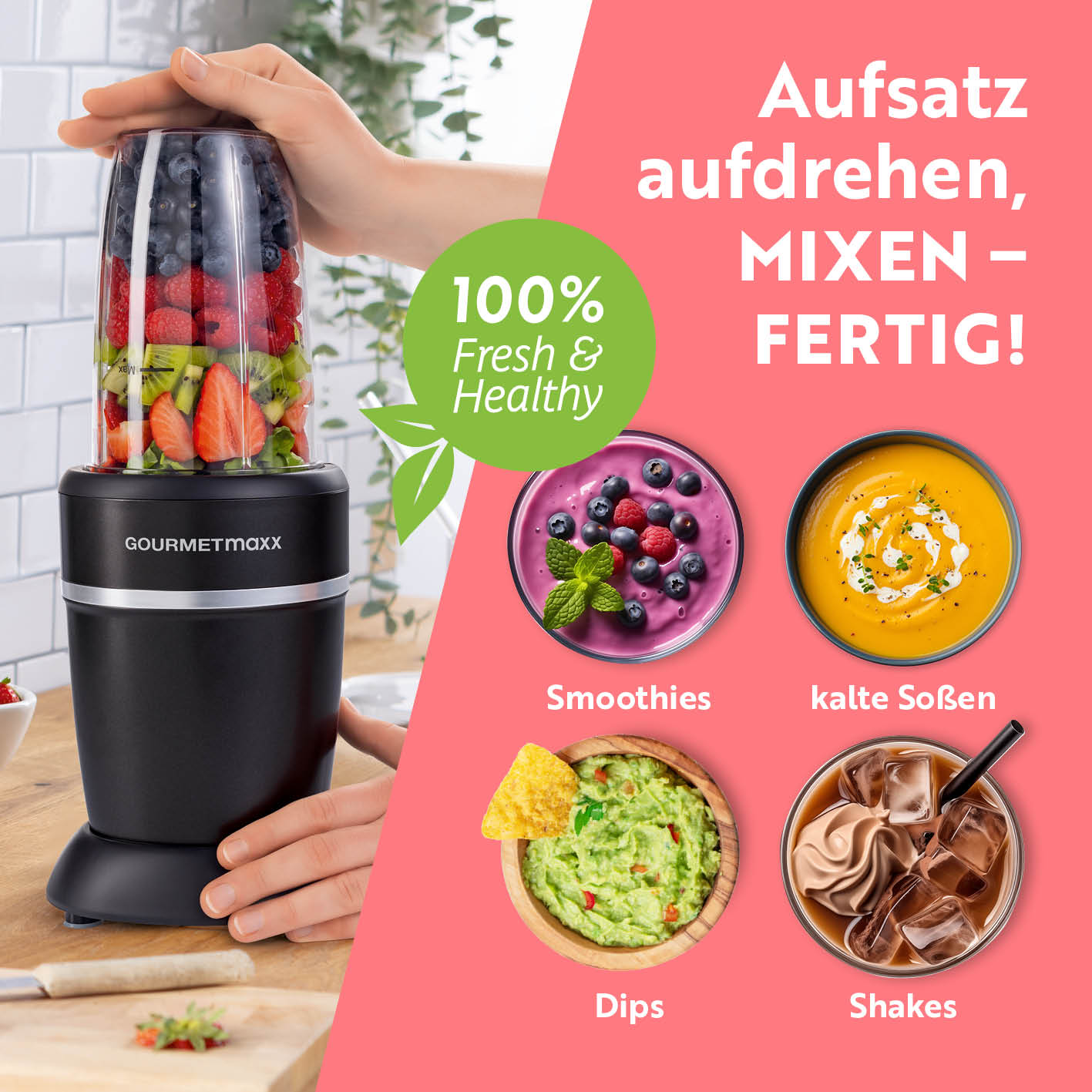 Nutrition Mixer Pro 1.000 mit Basis-Set M Schwarz/Silber zeigt kompakten Standmixer mit Früchten für Smoothies, Dips und Shakes.
